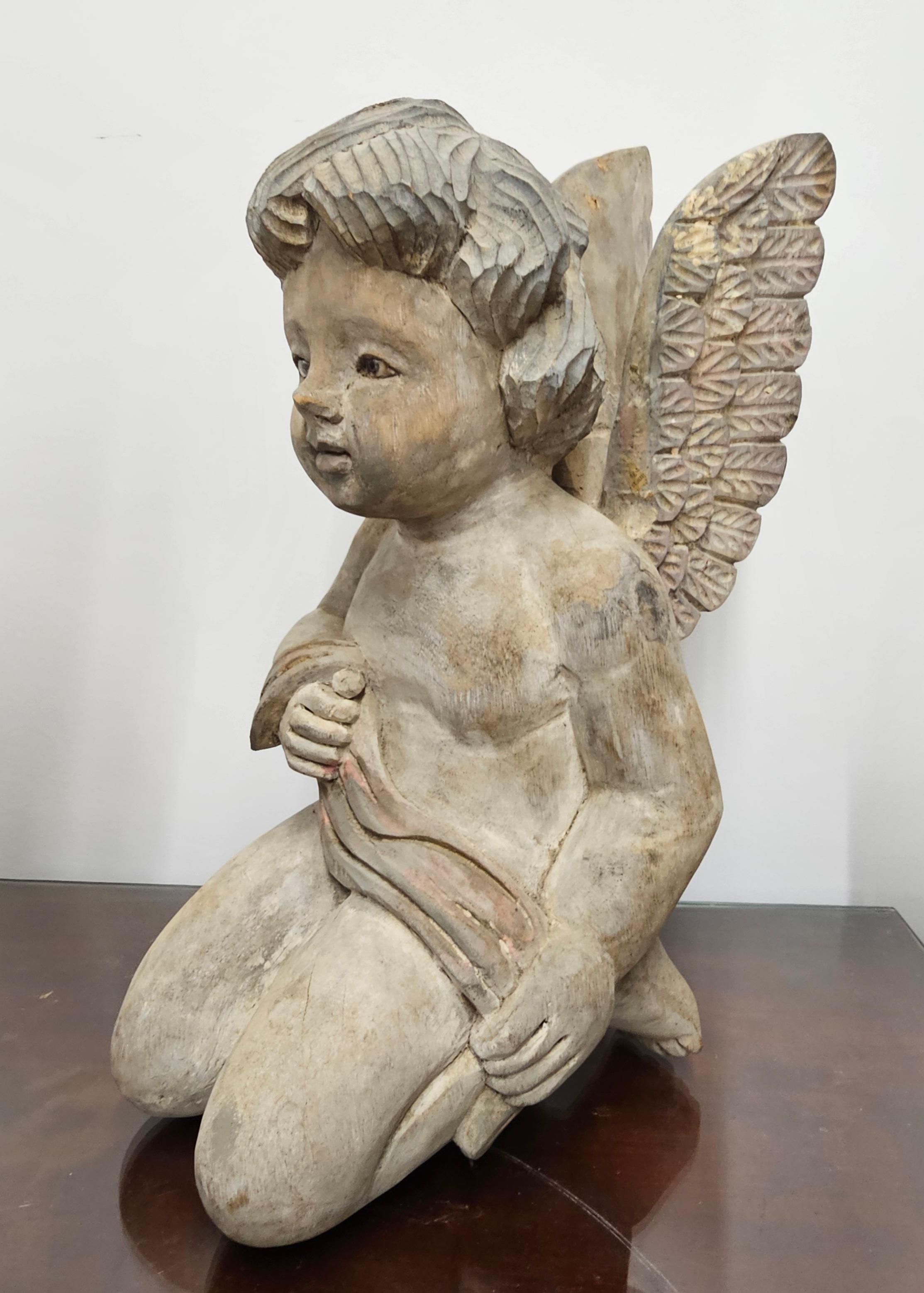 Pair of Early 20th Century Free Standing Carved Wood Cherubs, Putti  Angels In Good Condition For Sale In Germantown, MD