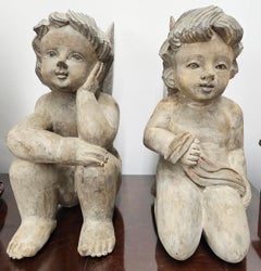 Pair of Early 20th Century Free Standing Carved Wood Cherubs, Putti  Angels