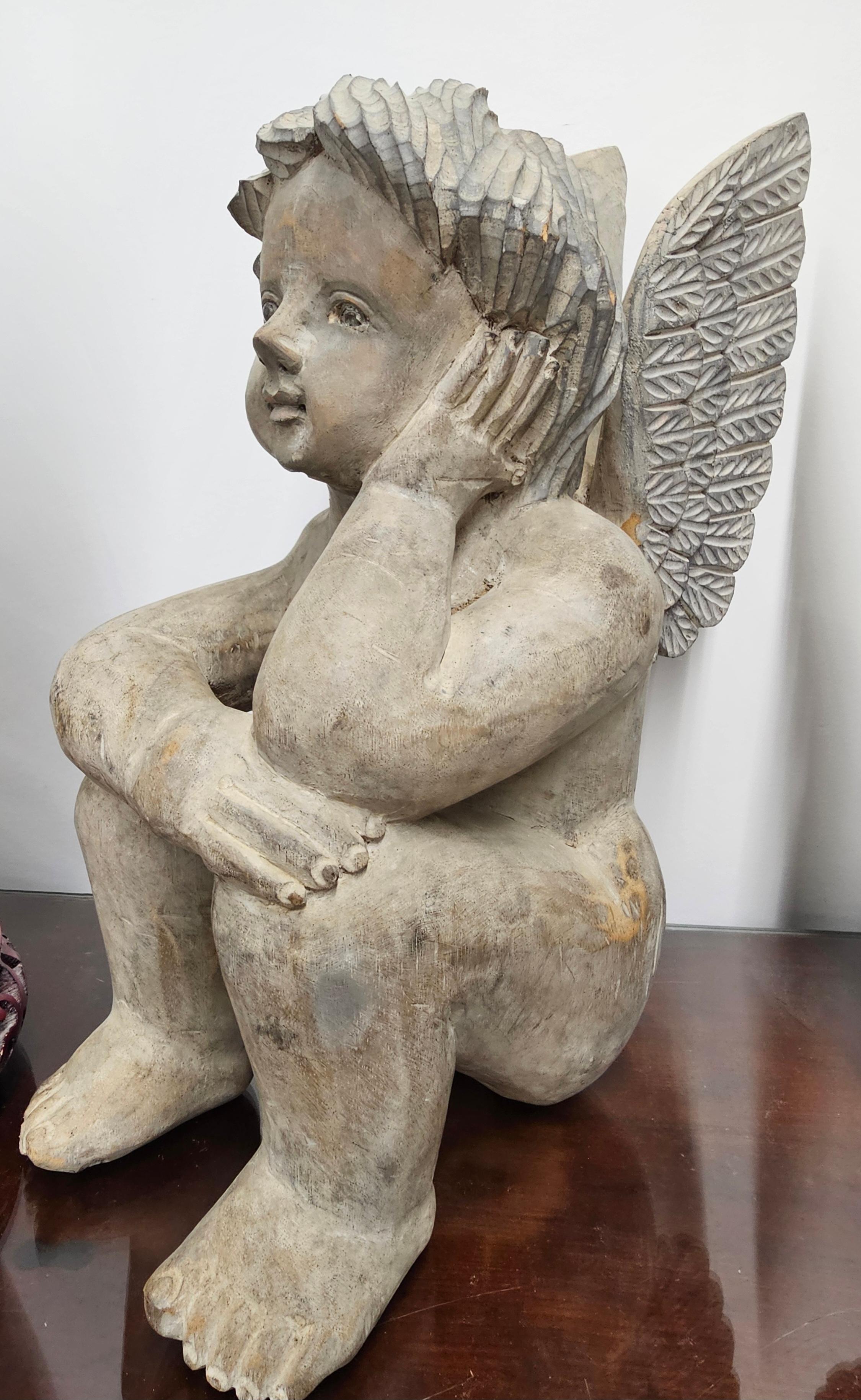 Classical Roman Pair of Early 20th Century Free Standing Carved Wood Cherubs, Putti  Angels For Sale