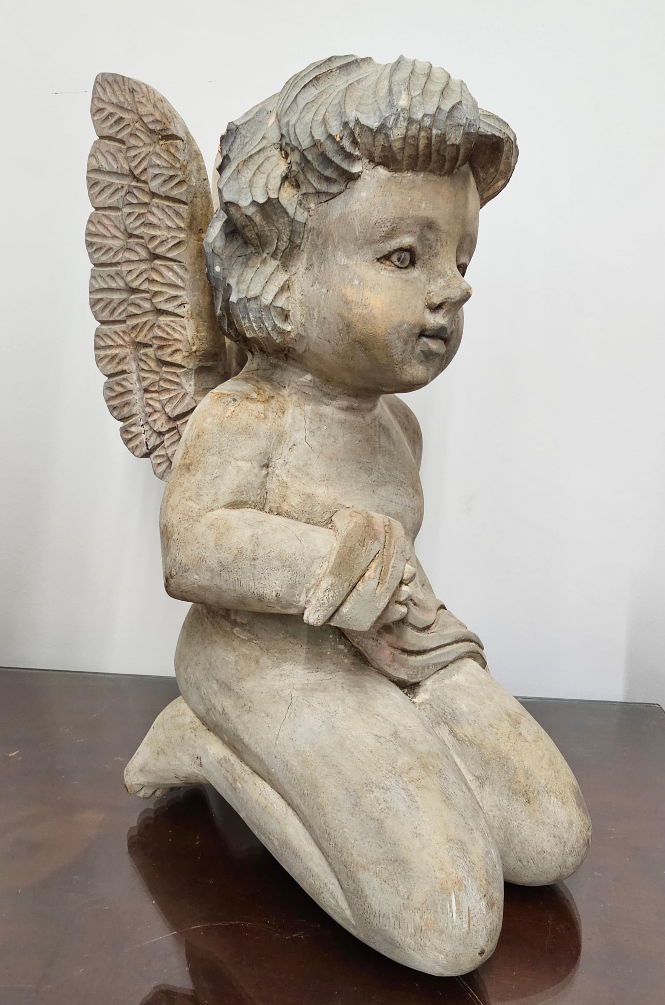 American Pair of Early 20th Century Free Standing Carved Wood Cherubs, Putti  Angels For Sale