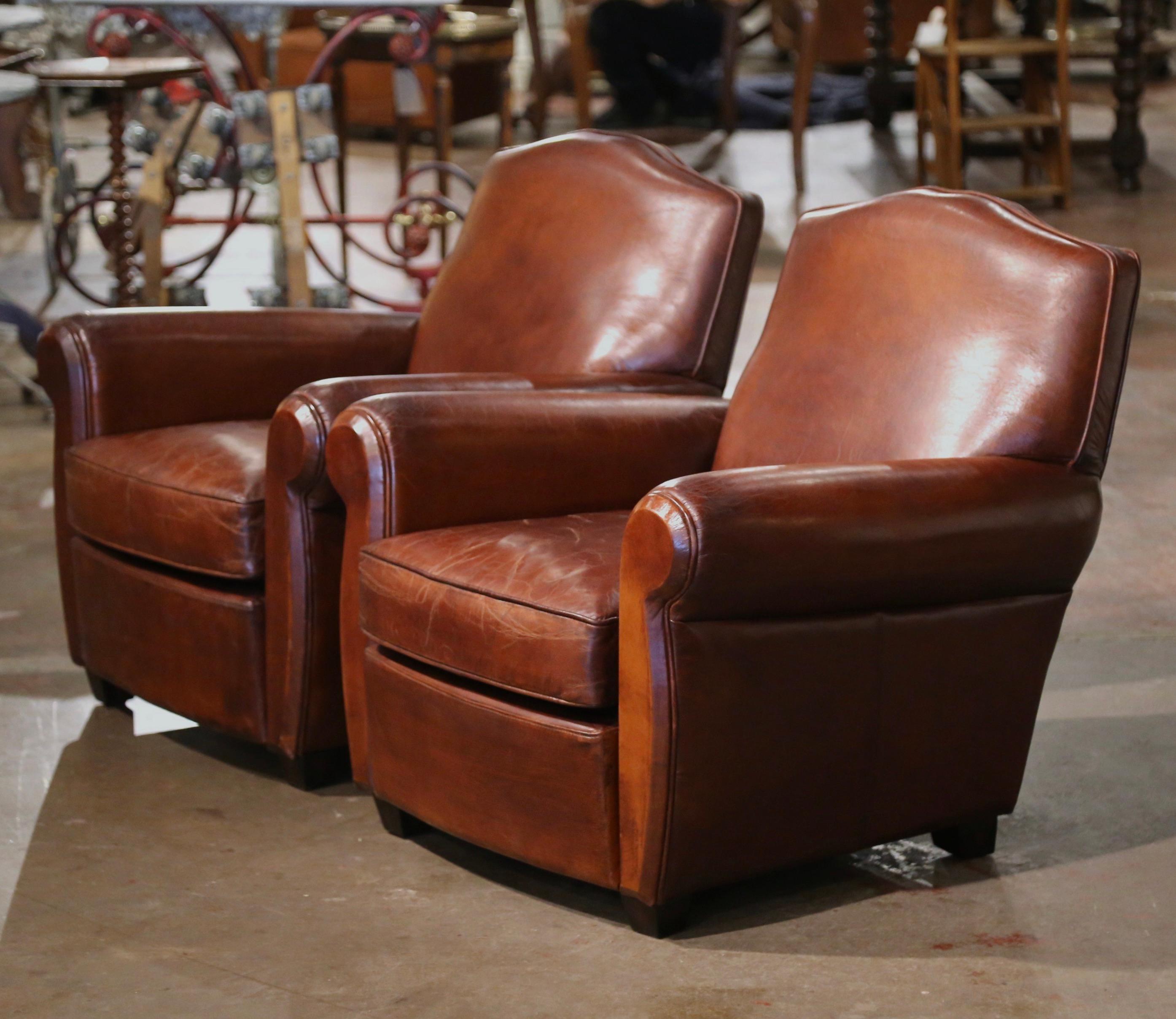 Pair of Early 20th Century French Art-Deco Brown Leather Club Armchairs 5