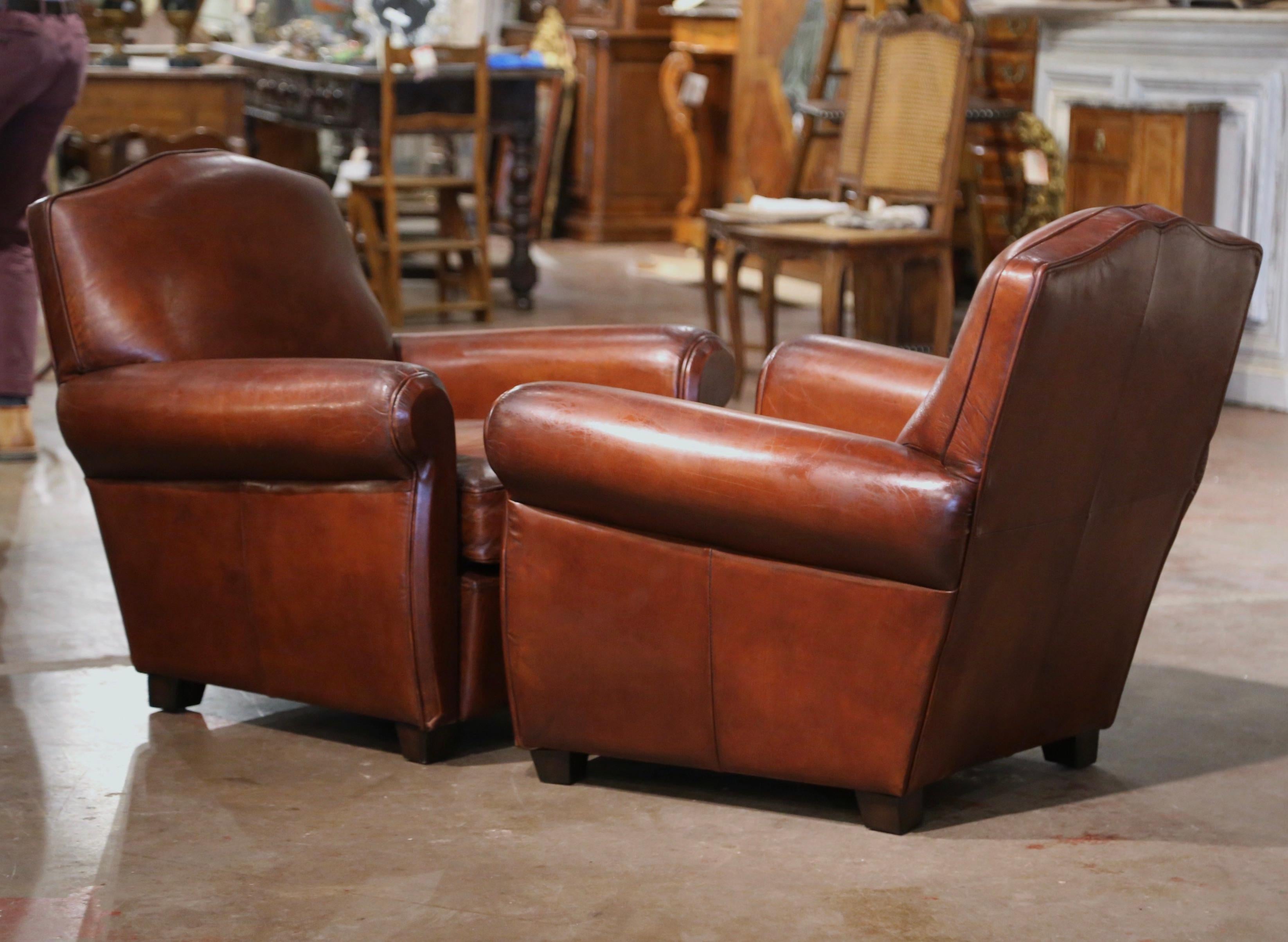 Pair of Early 20th Century French Art-Deco Brown Leather Club Armchairs 6