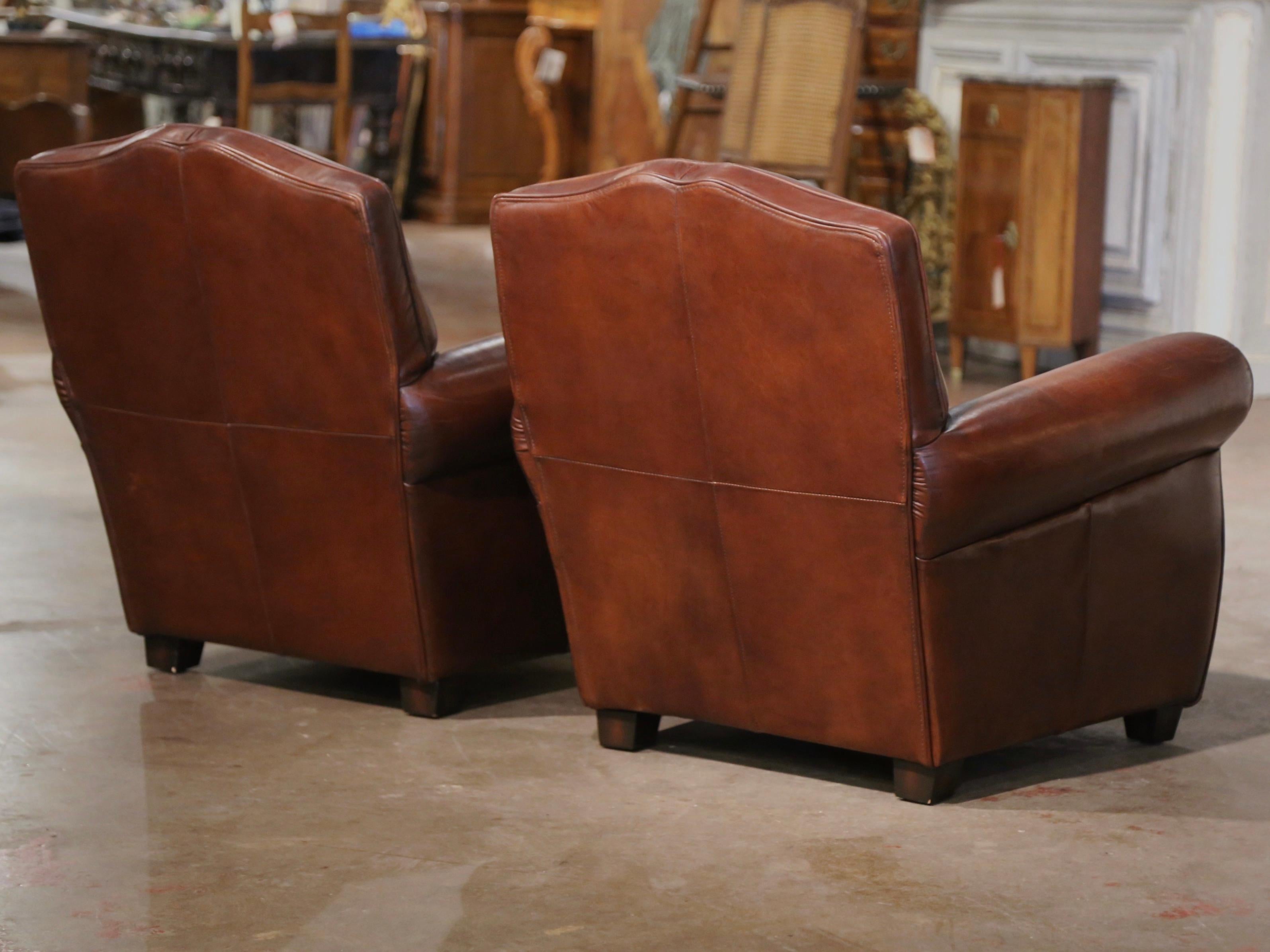 Pair of Early 20th Century French Art-Deco Brown Leather Club Armchairs 7