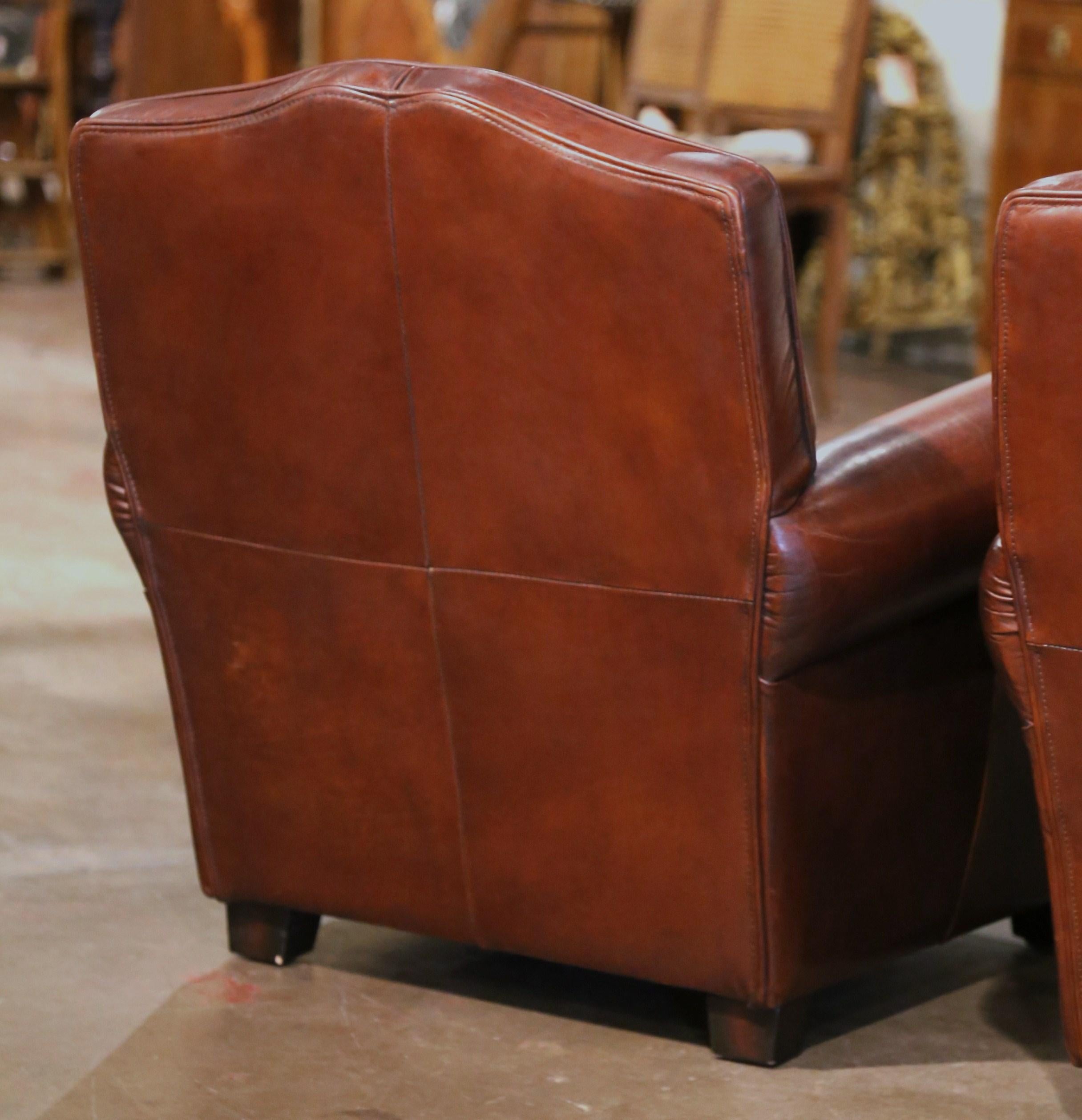 Pair of Early 20th Century French Art-Deco Brown Leather Club Armchairs 8