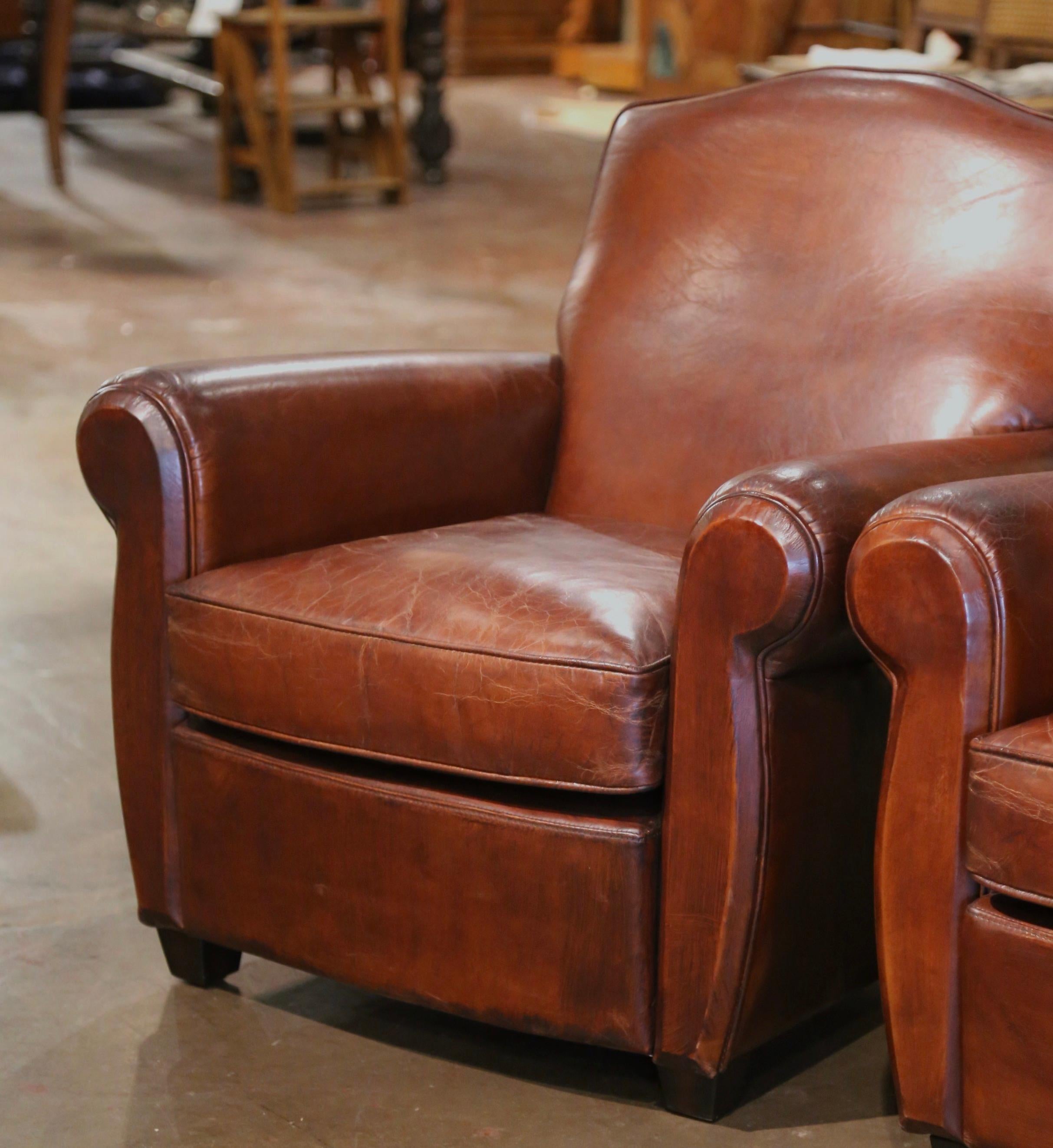 Art Deco Pair of Early 20th Century French Art-Deco Brown Leather Club Armchairs