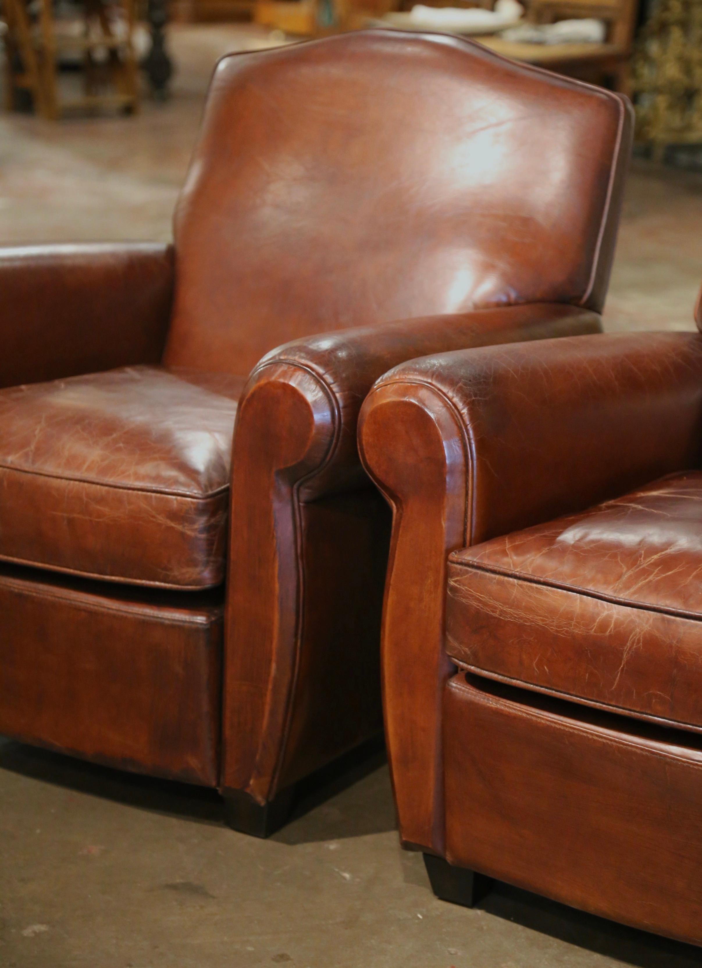 Hand-Carved Pair of Early 20th Century French Art-Deco Brown Leather Club Armchairs
