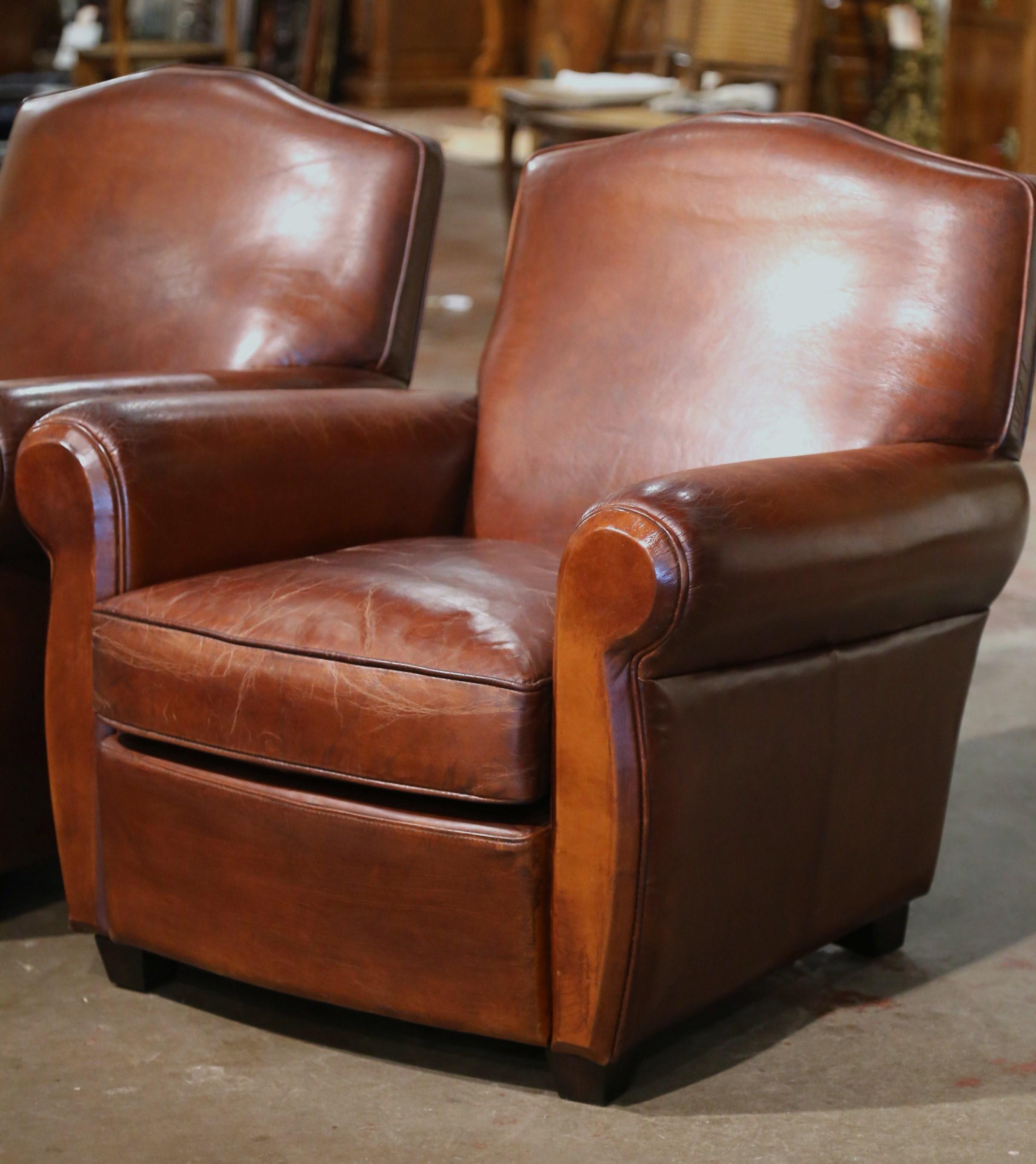 Pair of Early 20th Century French Art-Deco Brown Leather Club Armchairs In Excellent Condition In Dallas, TX