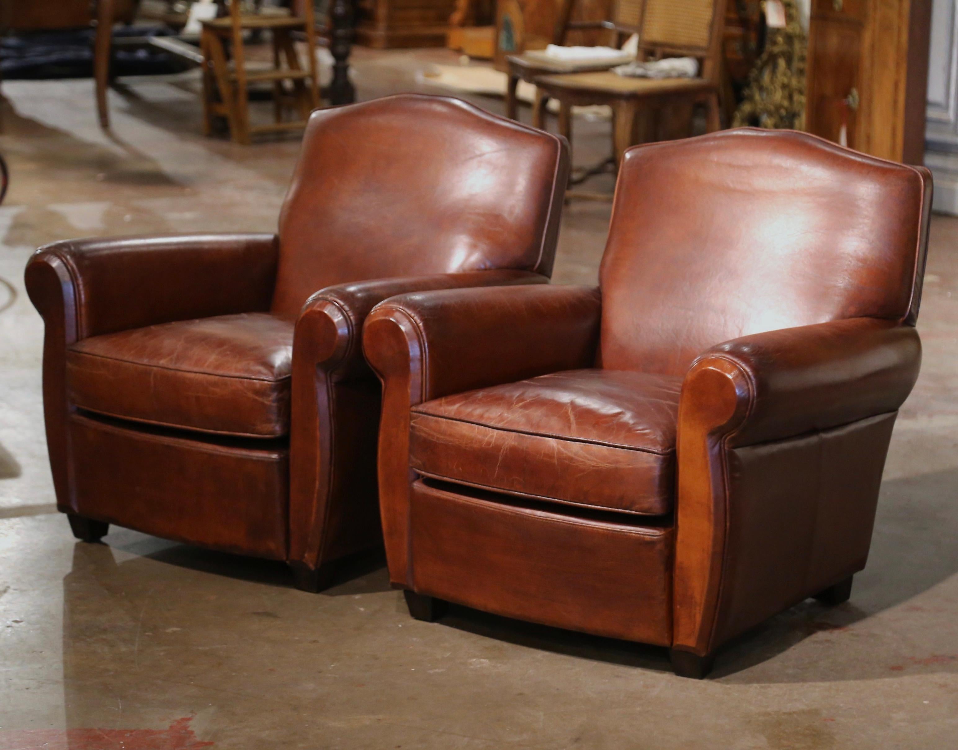 Pair of Early 20th Century French Art-Deco Brown Leather Club Armchairs 1