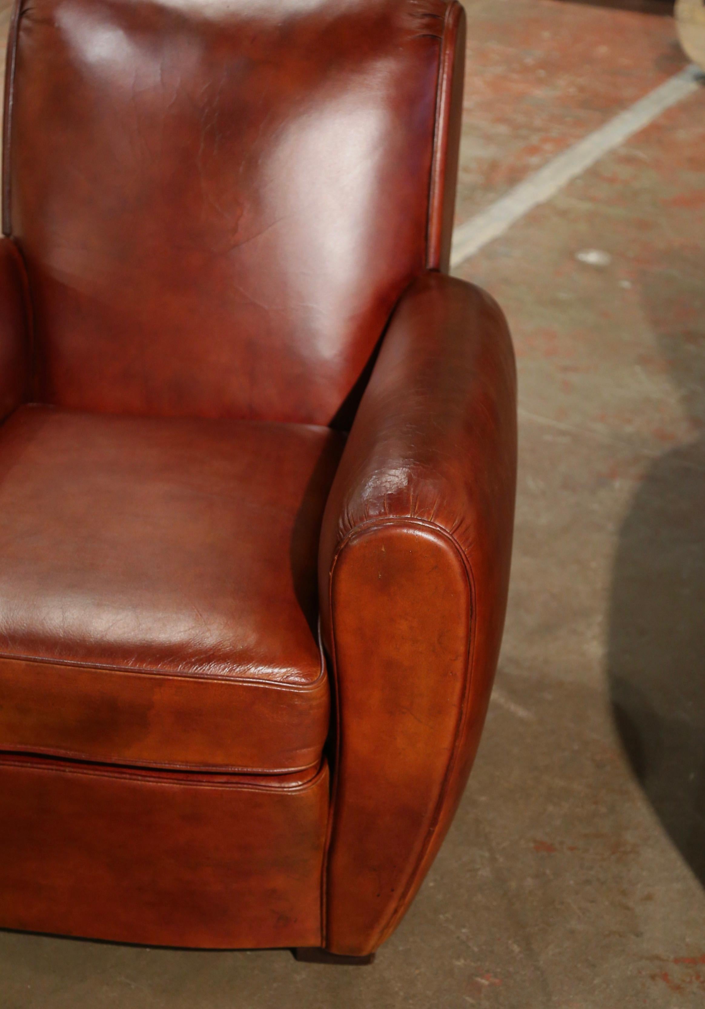 Pair of Early 20th Century French Art Deco Brown Leather Club Armchairs For Sale 2