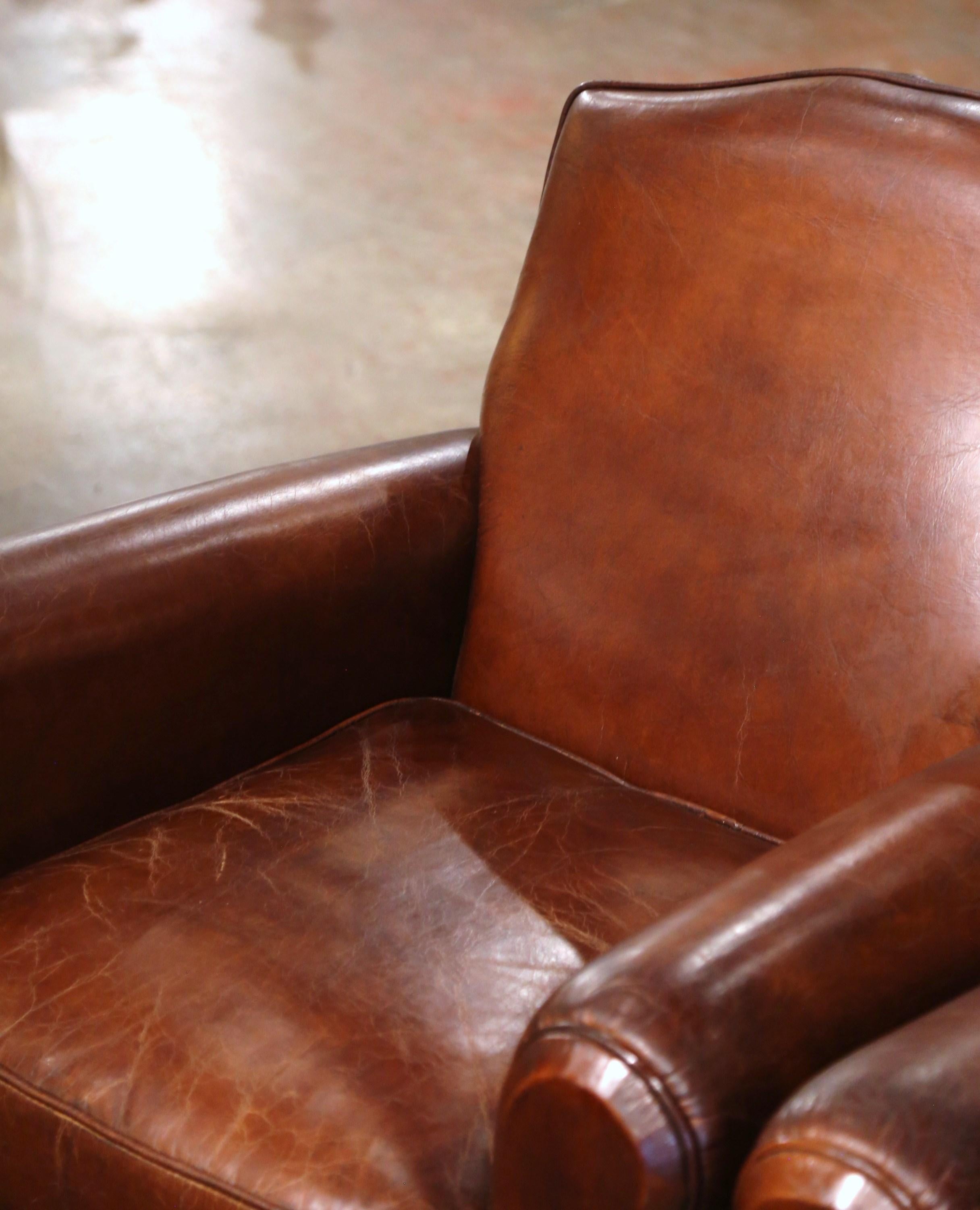 Pair of Early 20th Century French Art-Deco Brown Leather Club Armchairs 2