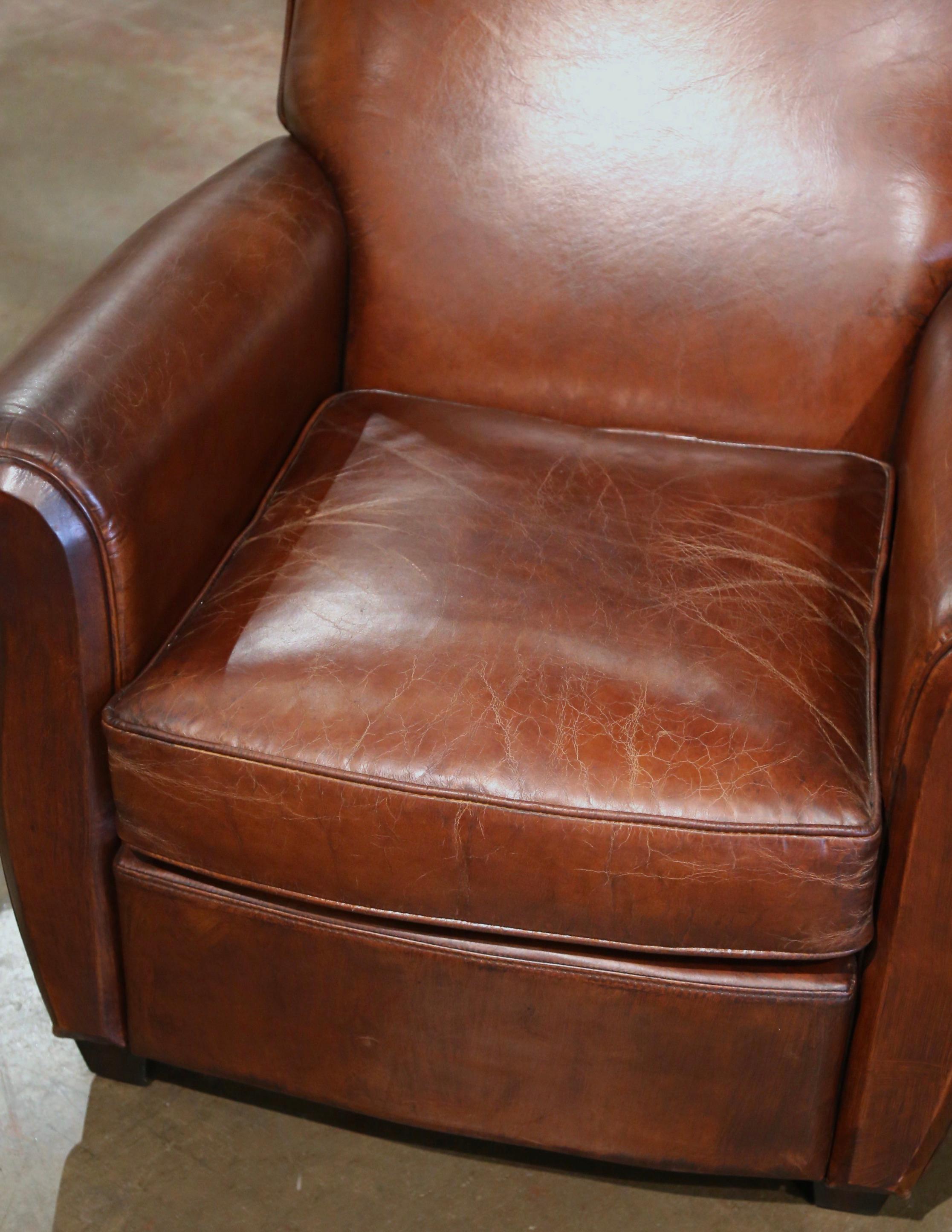 Pair of Early 20th Century French Art-Deco Brown Leather Club Armchairs 3