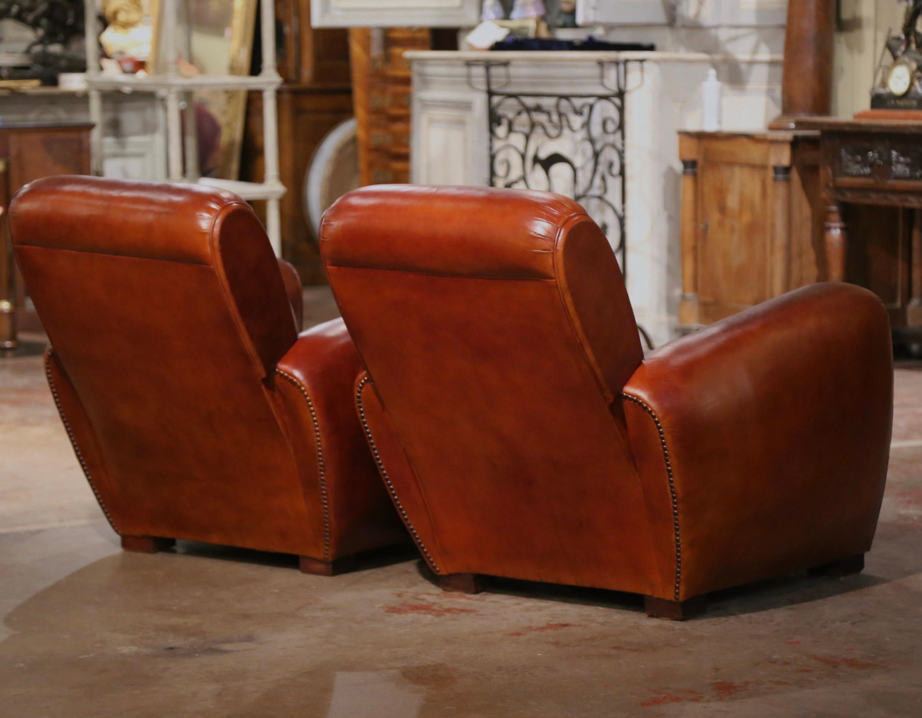 Pair of Early 20th Century French Art Deco Brown Leather Club Armchairs For Sale 4