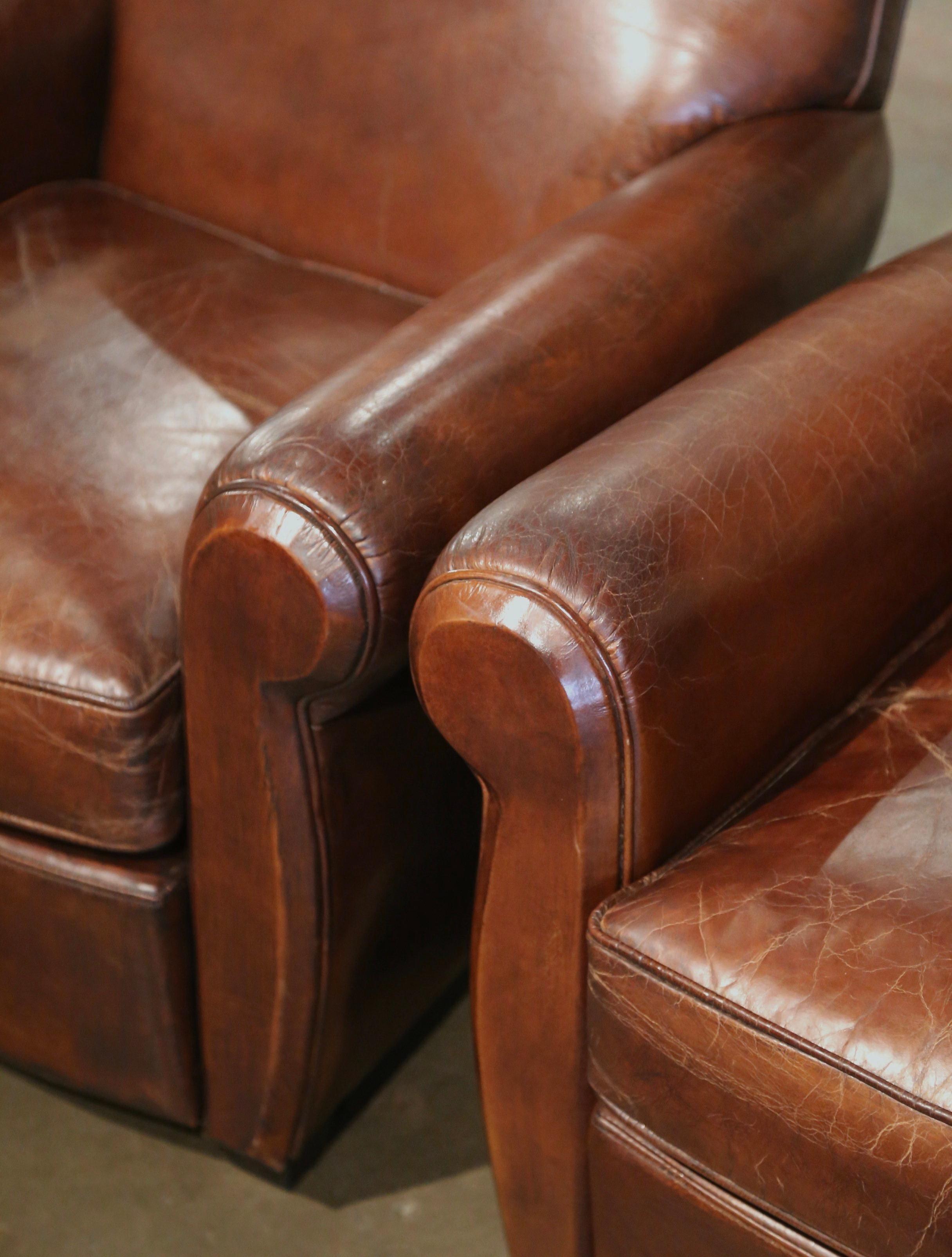 Pair of Early 20th Century French Art-Deco Brown Leather Club Armchairs 4