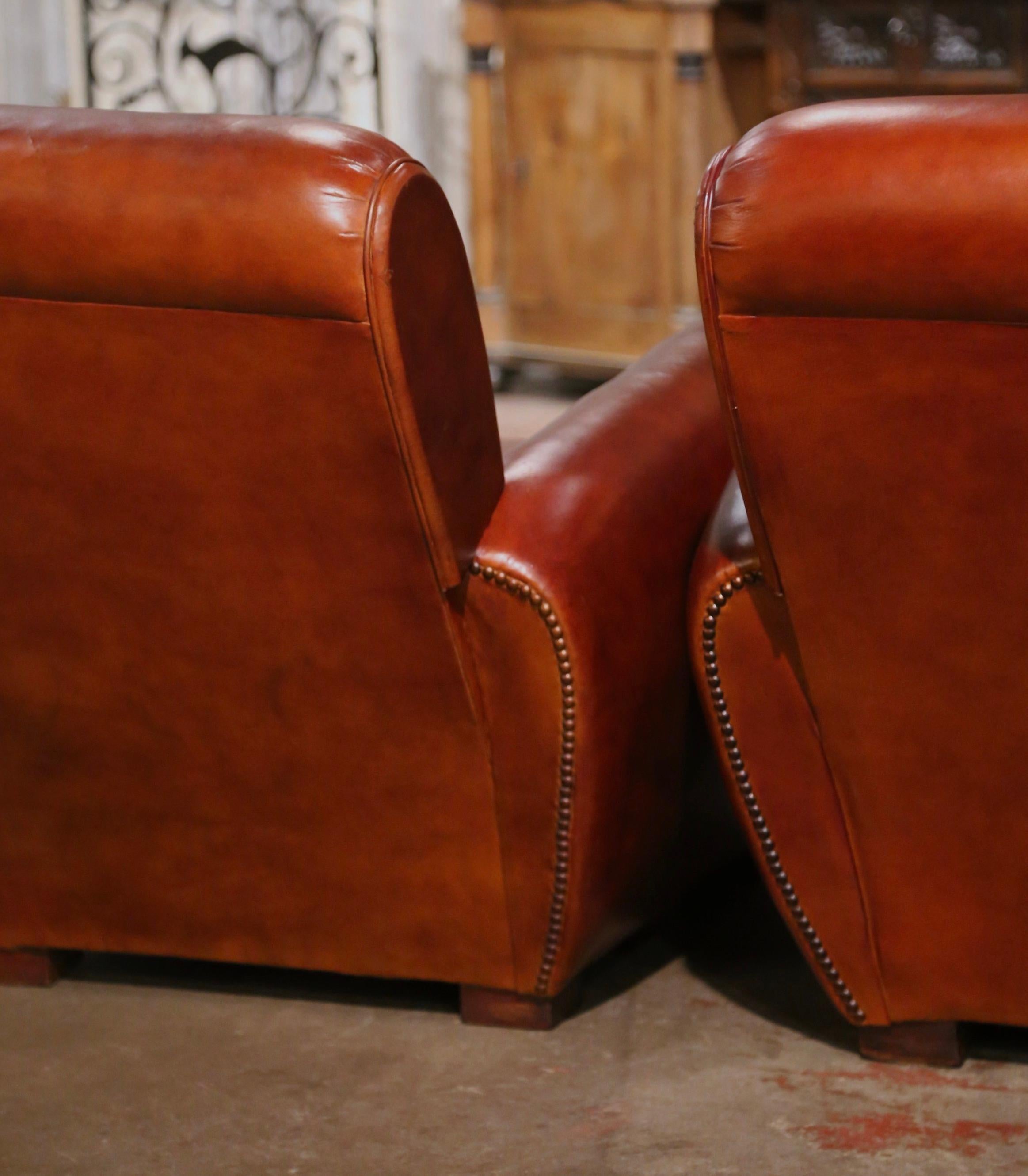 Pair of Early 20th Century French Art Deco Brown Leather Club Armchairs For Sale 5