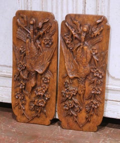 Pair of Early 20th Century French Art Deco Carved Walnut Pheasant Wall Panels