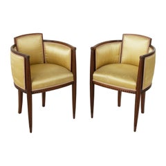 Pair of Early 20th Century French Art Deco Period Mahogany Armchairs in Silk