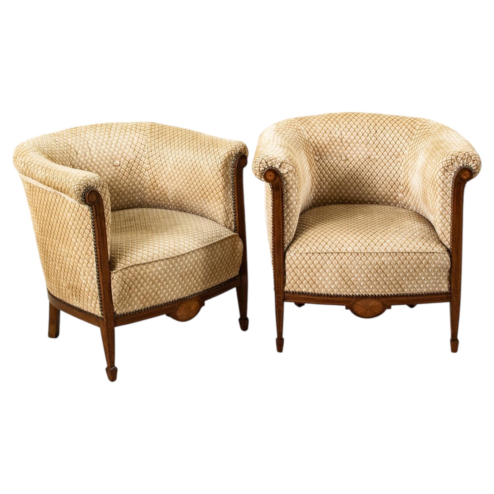 Pair of Early 20th Century French Art Deco Period Mahogany Bergere Armchairs