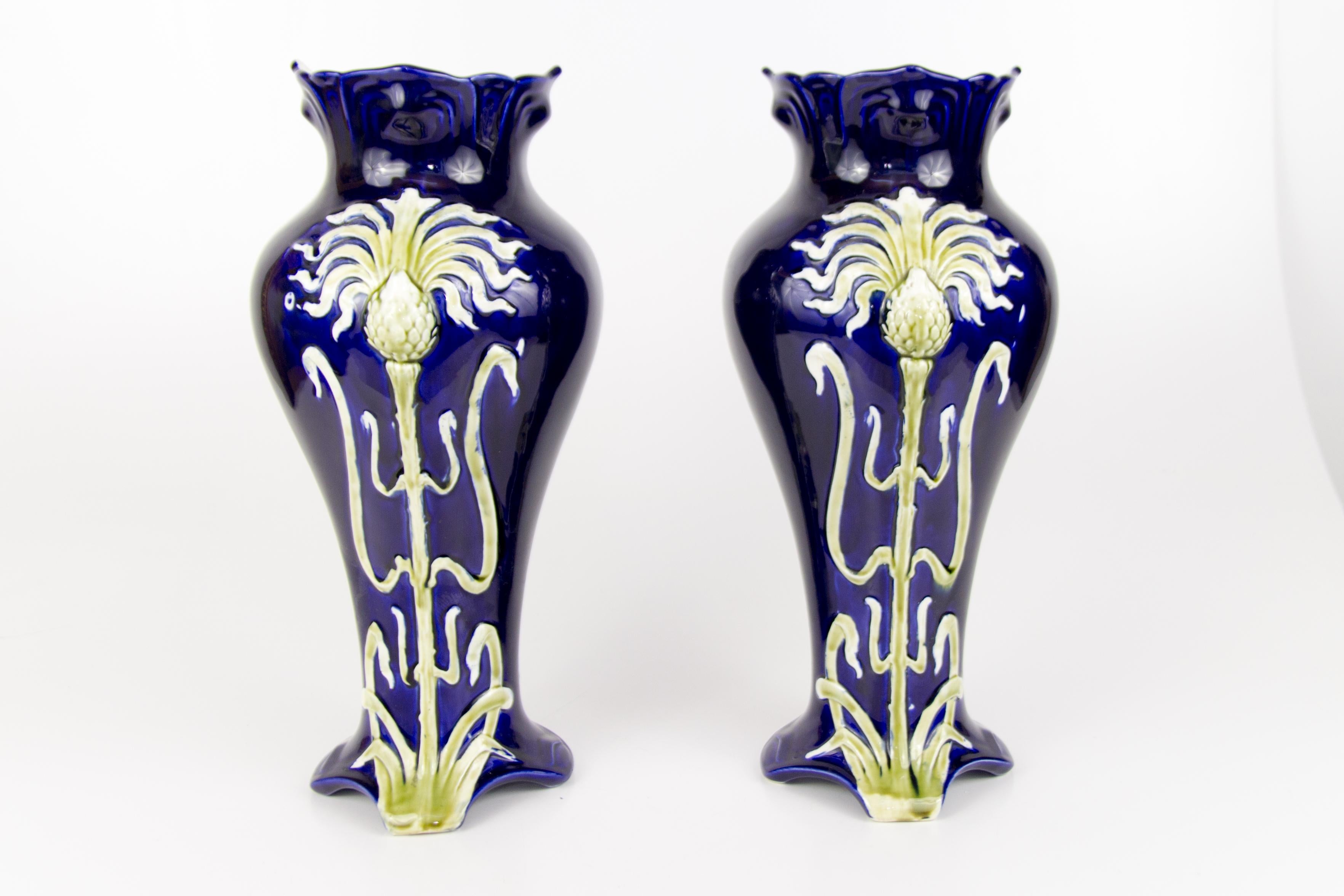 Hand-Painted Pair of Early 20th Century French Art Nouveau Vases by J. Bernard De Bruyne