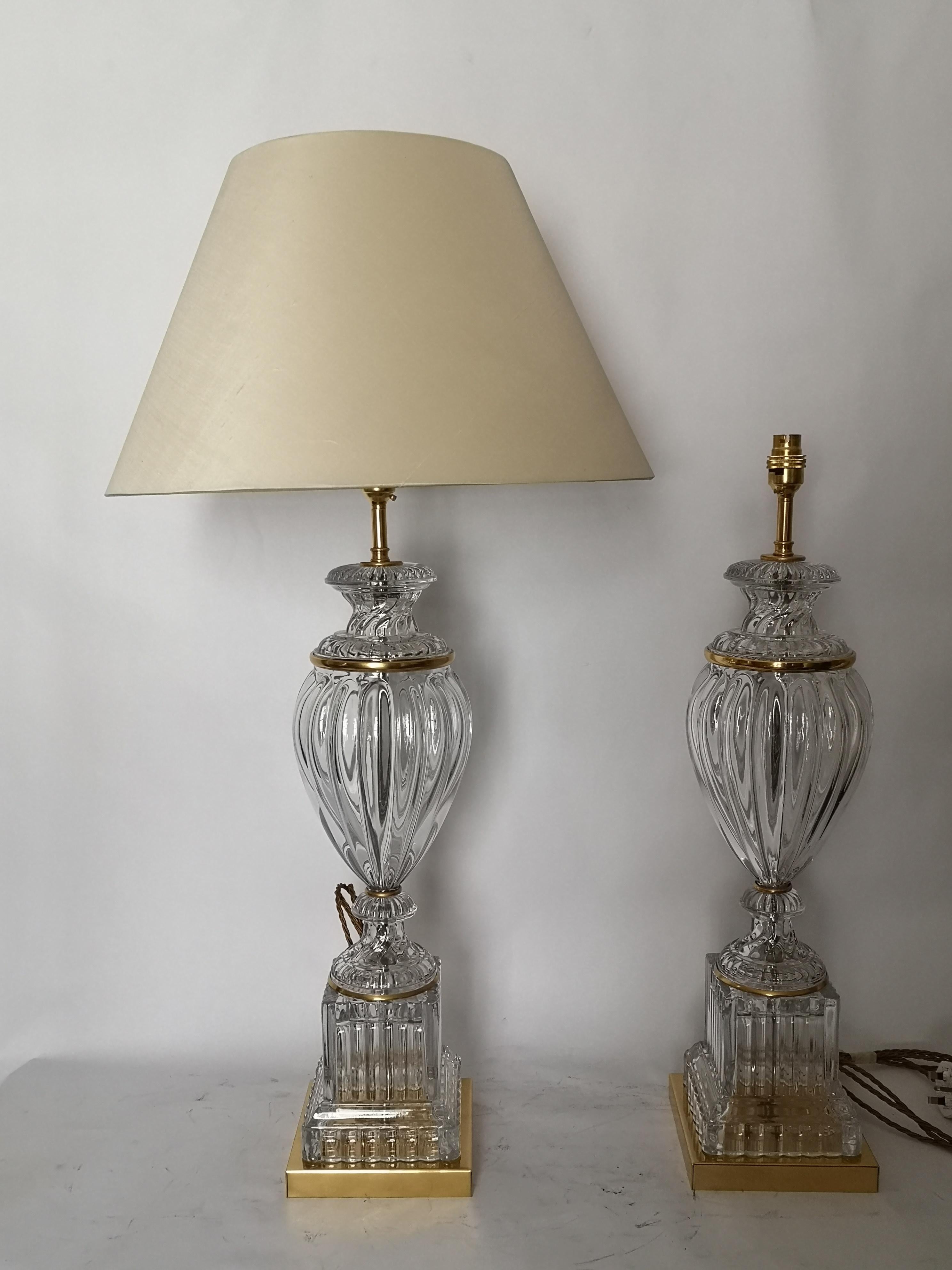 Pair of high quality Baccarat crystal lamps of good size. With ovoid shaped crystal bodies, square crystal bases and gilt bronze mounts.
Recently re wired.
French, circa 1920.