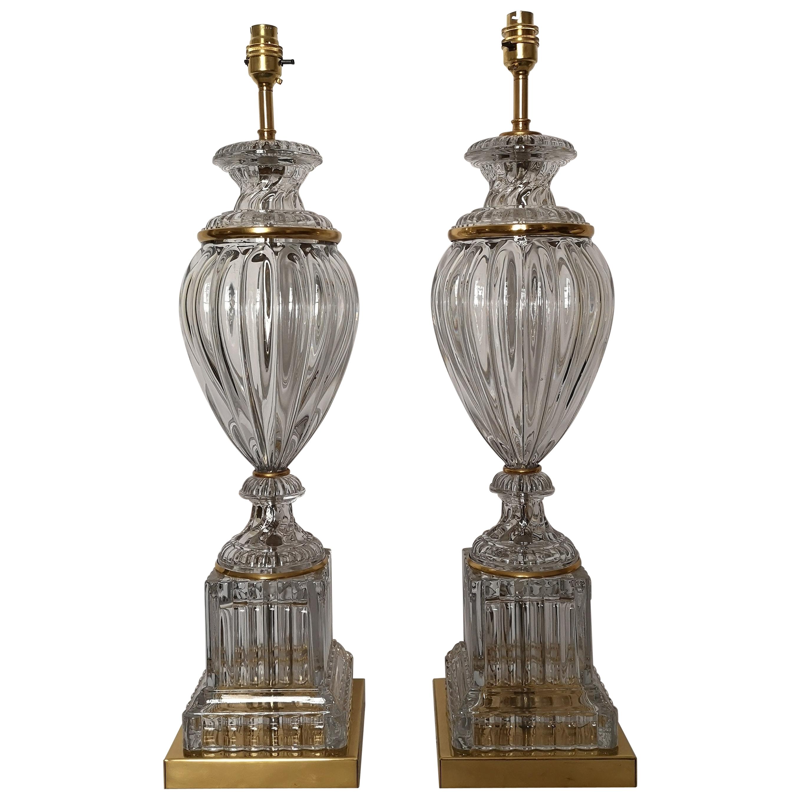 Pair of Early 20th Century French Baccarat Crystal and Bronze Lamps For Sale