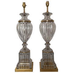 Antique Pair of Early 20th Century French Baccarat Crystal and Bronze Lamps