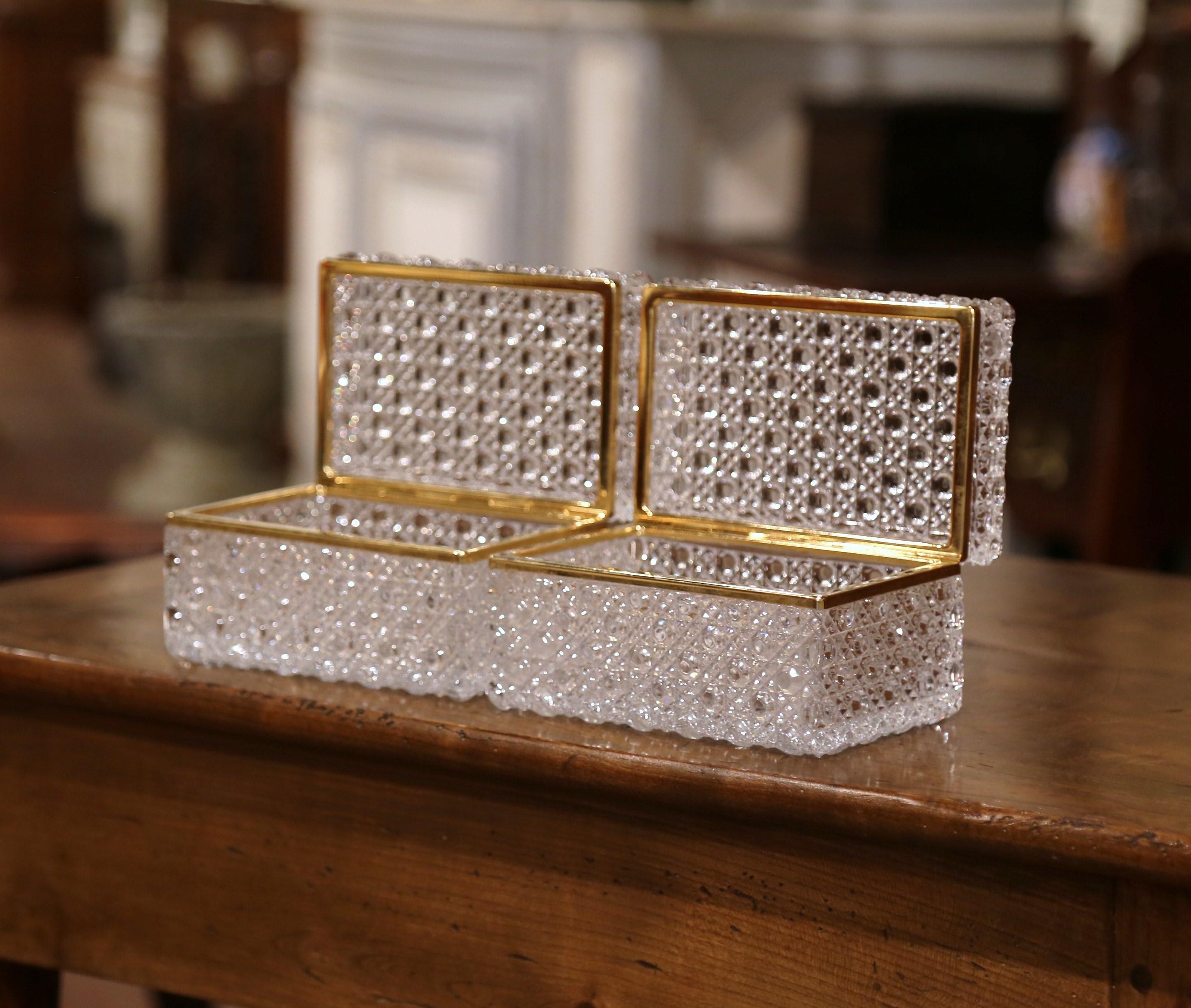 Hand-Crafted Pair of Early 20th Century French Baccarat Cut Glass and Brass Jewelry Boxes