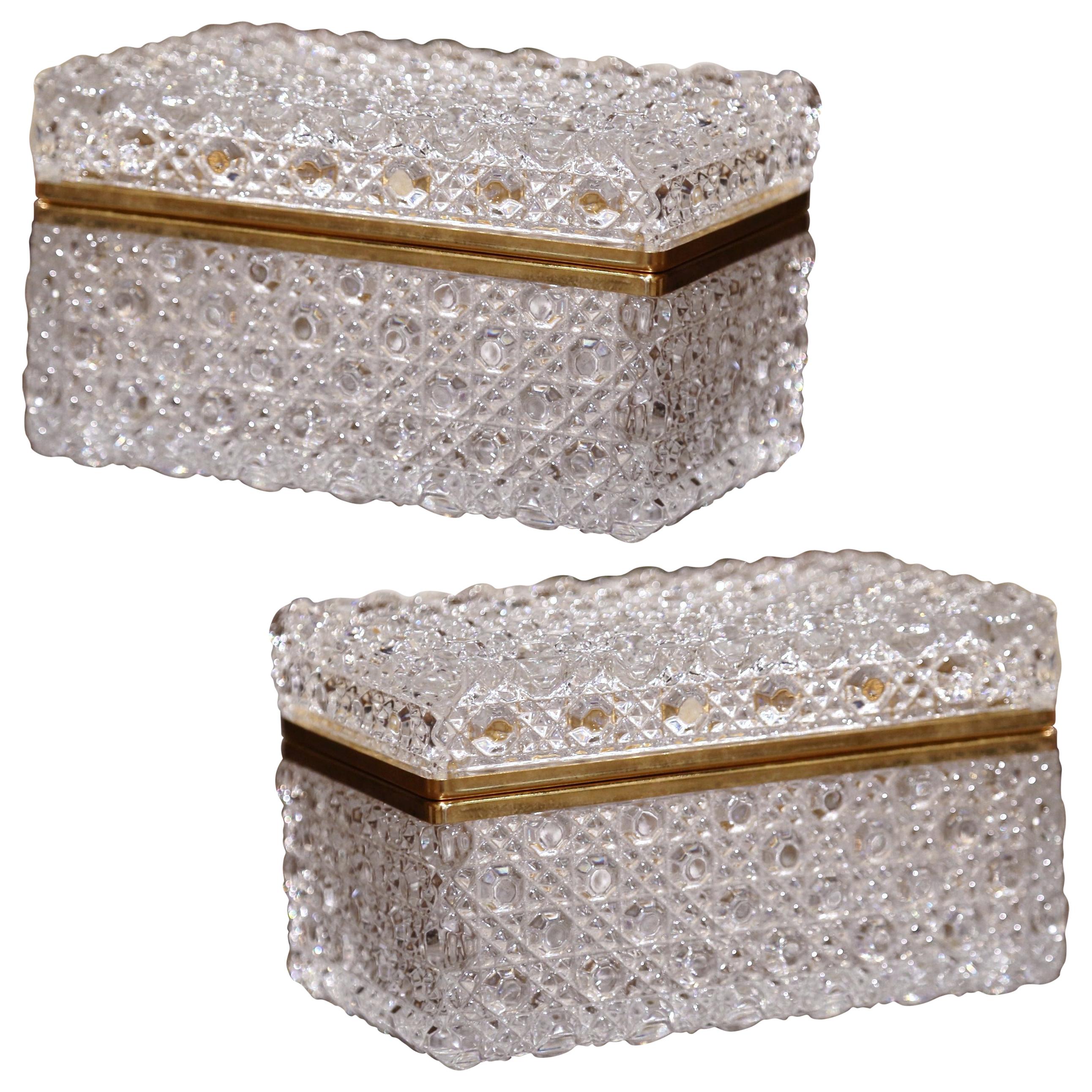 Pair of Early 20th Century French Baccarat Cut Glass and Brass Jewelry Boxes