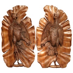 Antique Pair of Early 20th Century French Black Forest Carved Walnut Pheasant Trophies