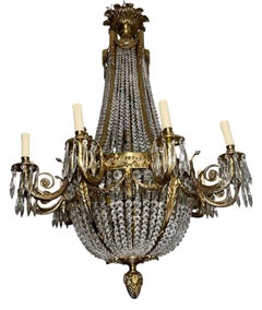 Pair of Early 20th Century French Bronze Chandeliers with Crystal.