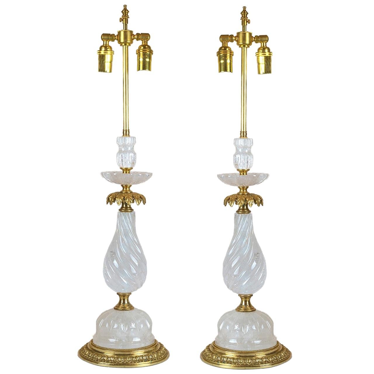 Pair of Early 20th Century French Bronze Rock Crystal Table Lamps For Sale