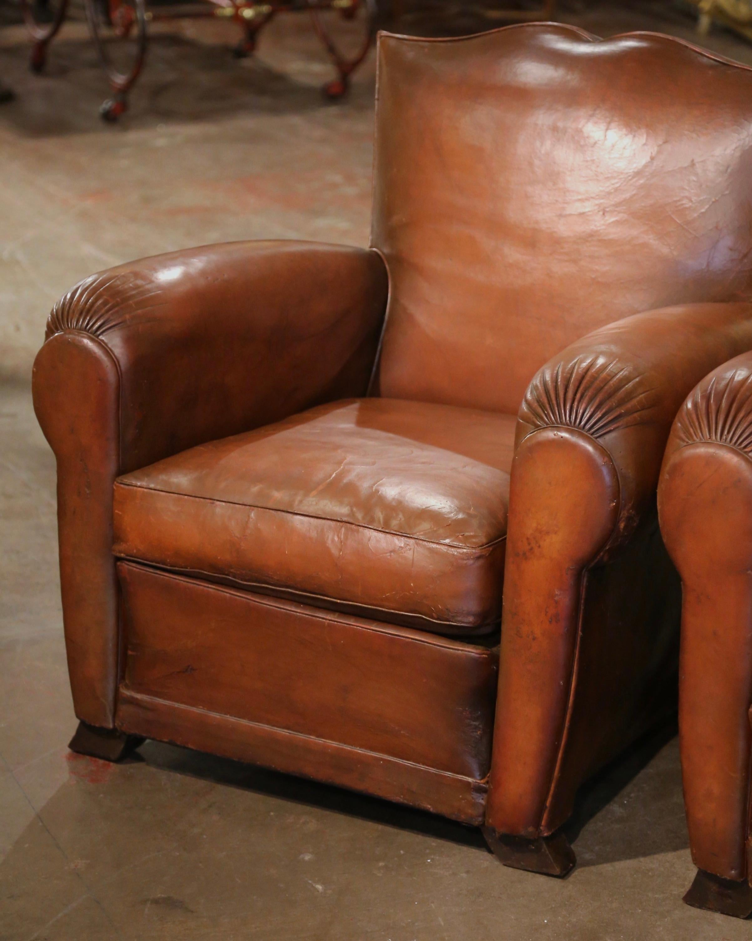 Art Deco Pair of Early 20th Century French Brown Leather Club Armchairs 