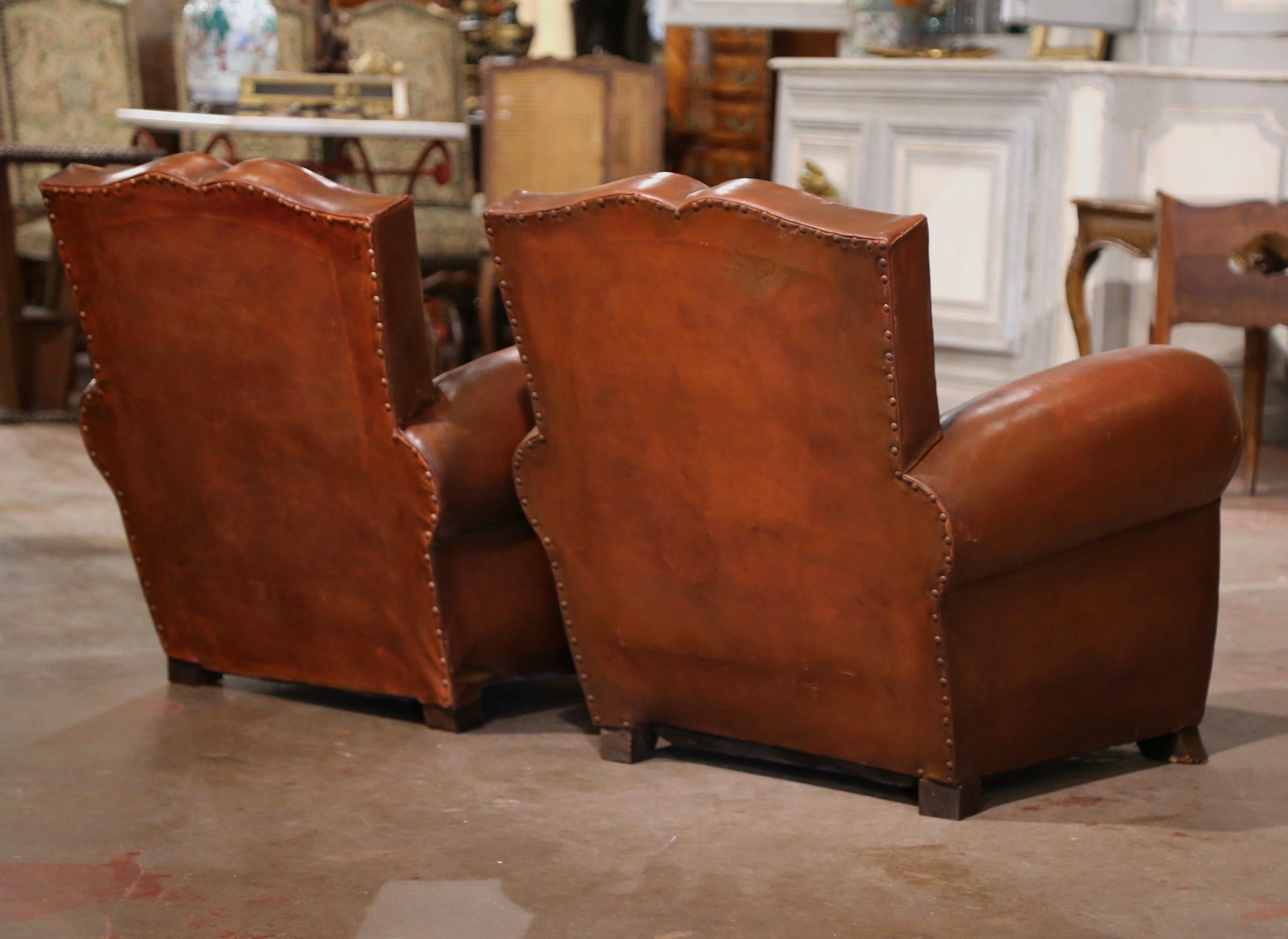 Pair of Early 20th Century French Brown Leather Club Armchairs 
