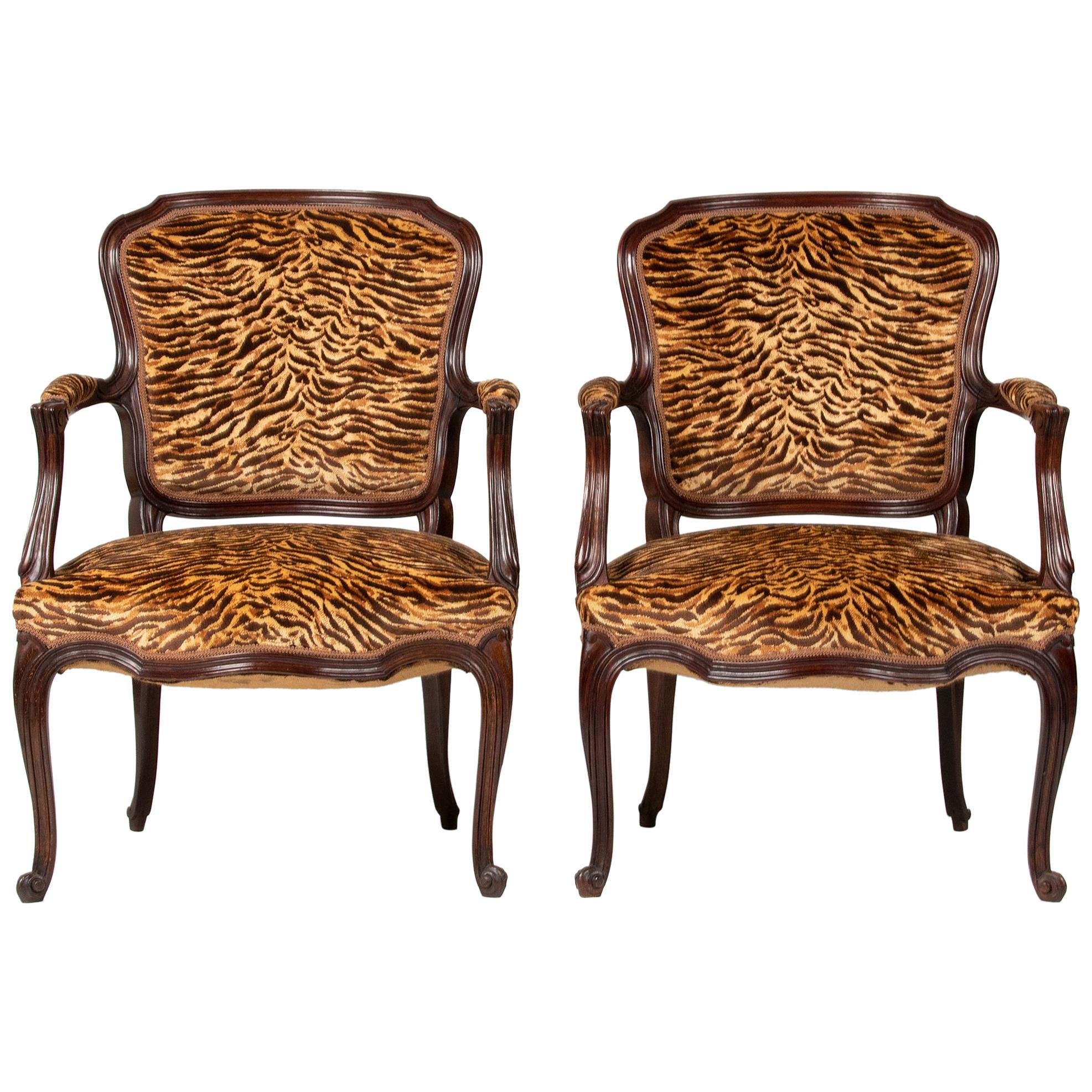 Pair of Early 20th Century French Cabriolet Arm Chairs with Tiger Print Fabric
