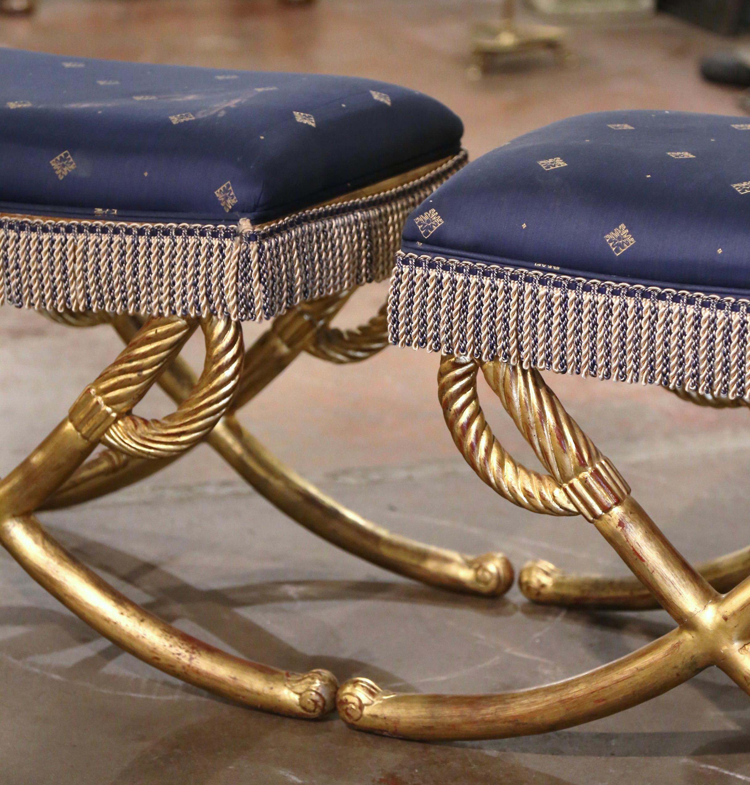Fabric Pair of Early 20th Century French Carved Giltwood Stools with Cross Sword Motif