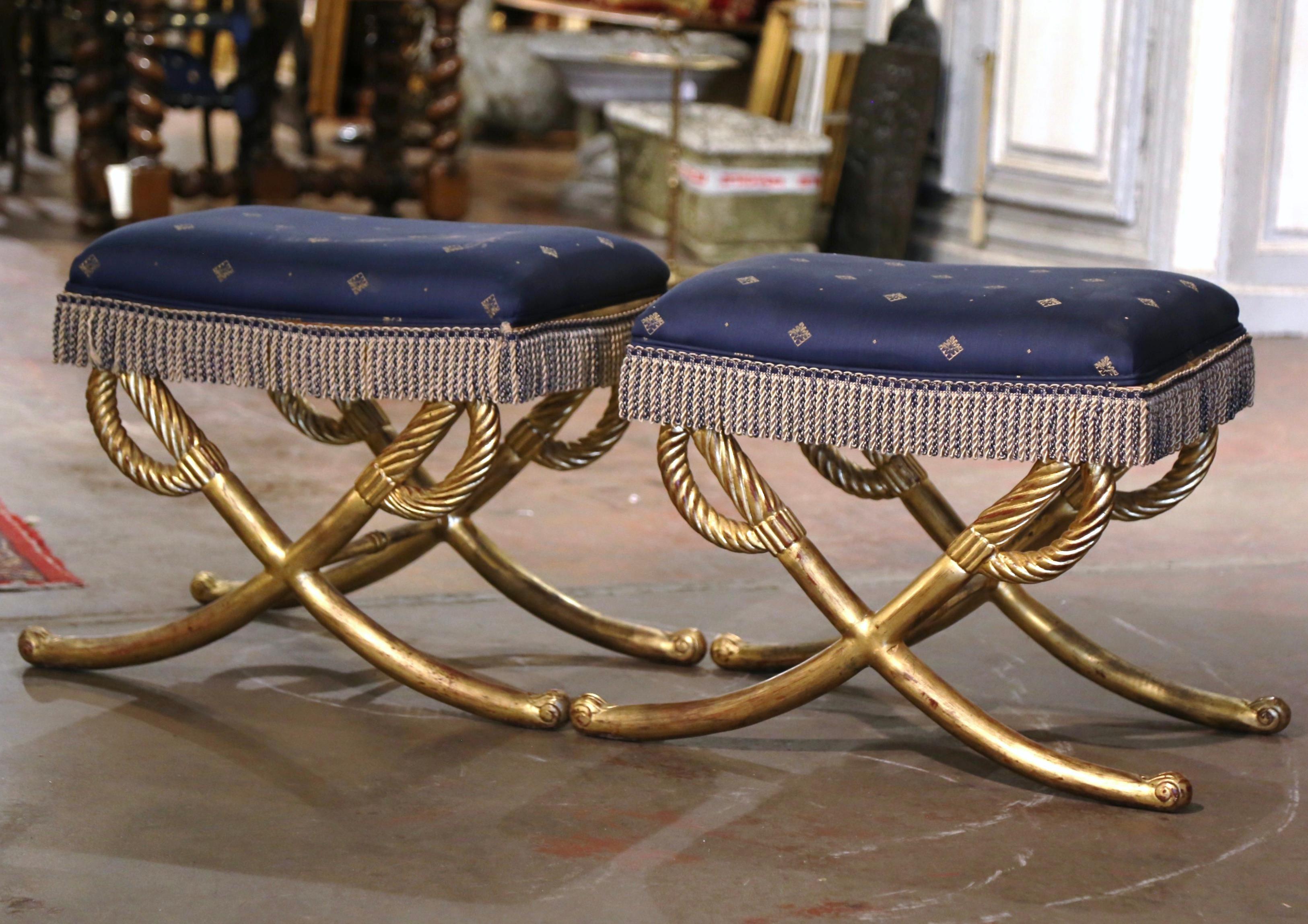 Pair of Early 20th Century French Carved Giltwood Stools with Cross Sword Motif 1