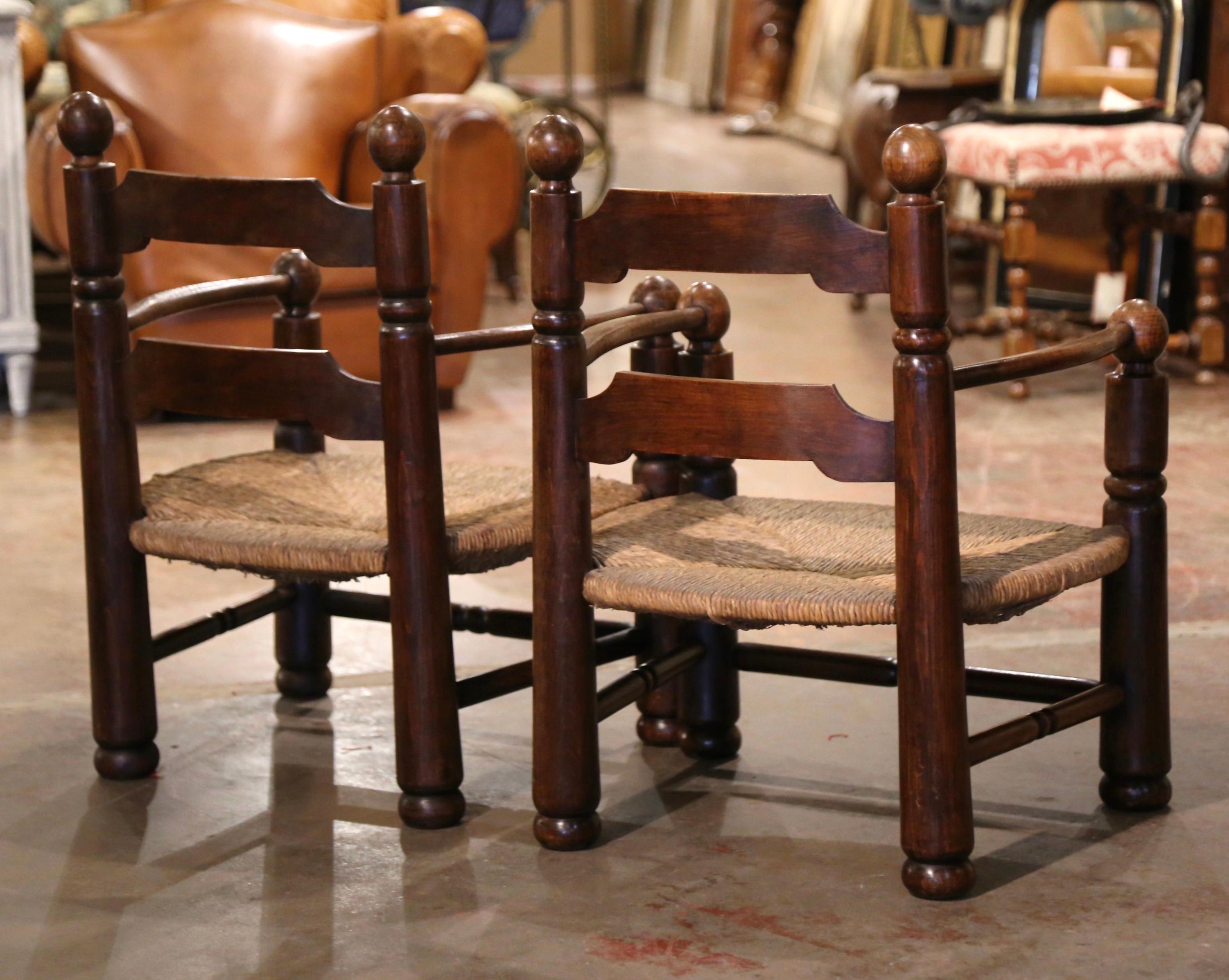 Pair of Early 20th Century French Carved Oak, Rush Seat Fireplace Low Armchairs 5