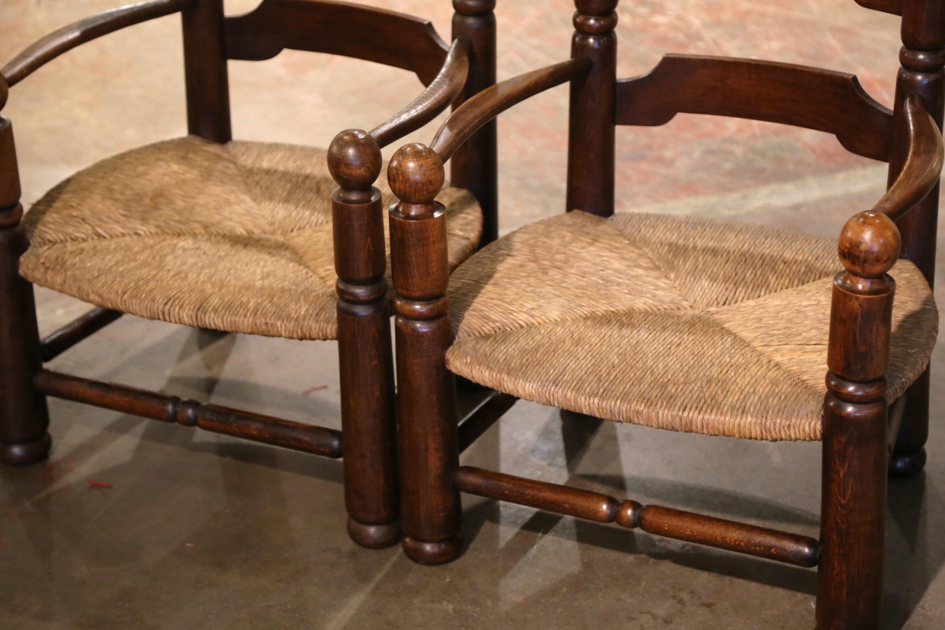Pair of Early 20th Century French Carved Oak, Rush Seat Fireplace Low Armchairs 1
