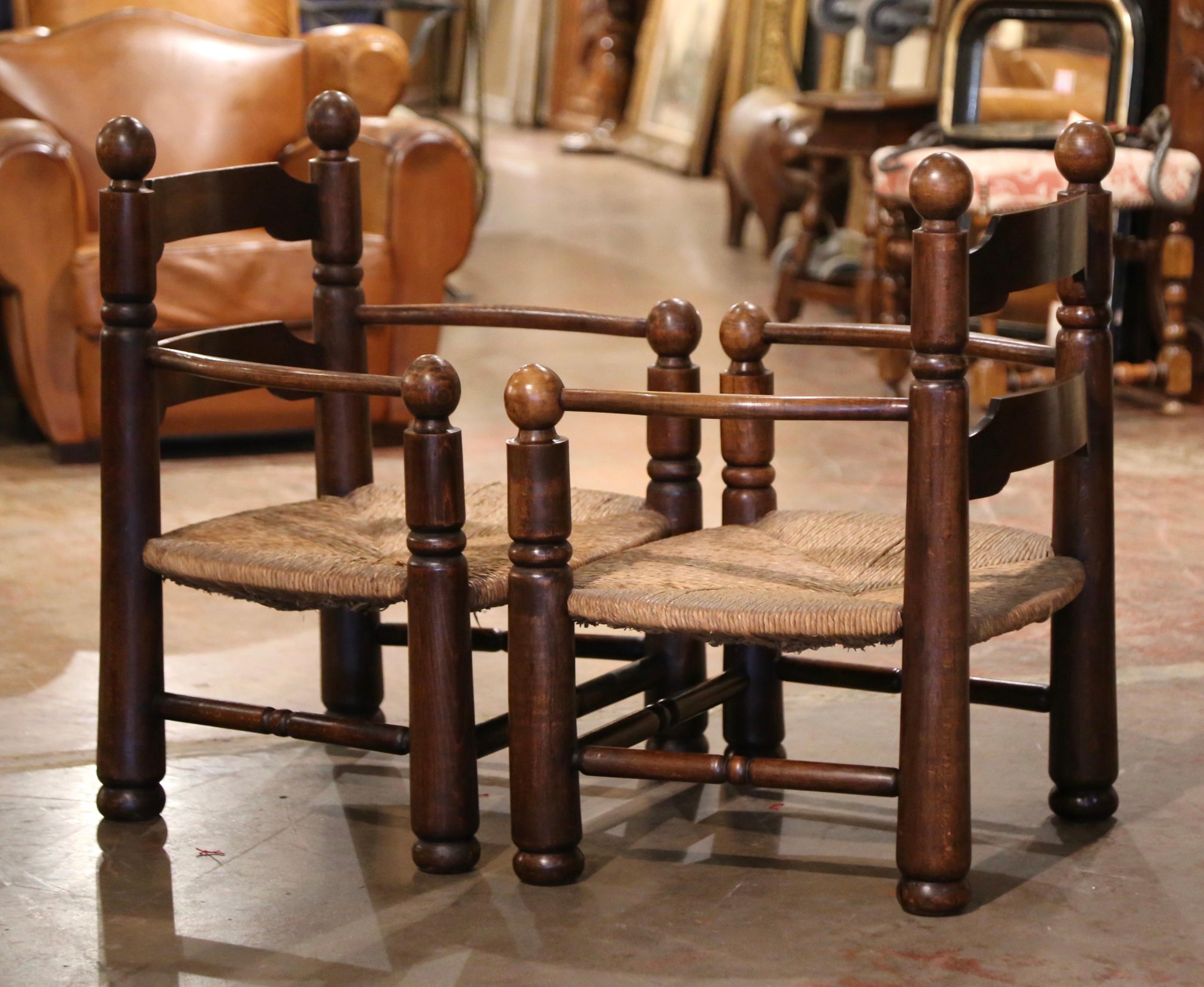 Pair of Early 20th Century French Carved Oak, Rush Seat Fireplace Low Armchairs 3