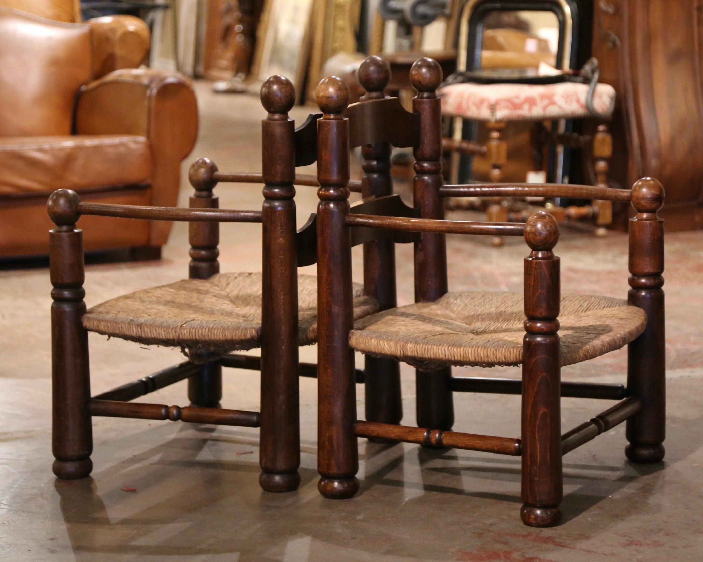Pair of Early 20th Century French Carved Oak, Rush Seat Fireplace Low Armchairs 4