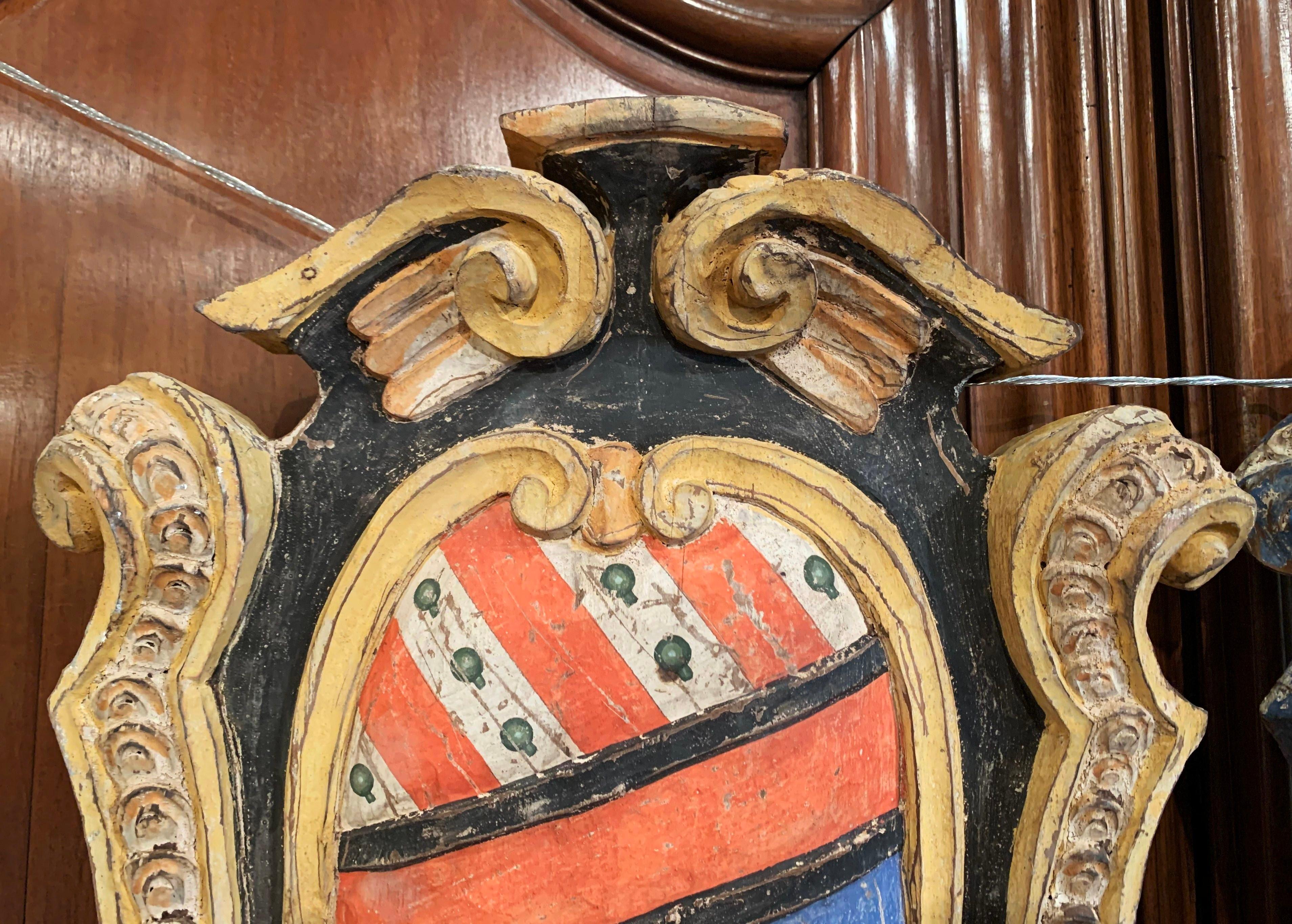 Pair of Early 20th Century French Carved Painted Wall Hanging Shields with Crest 1