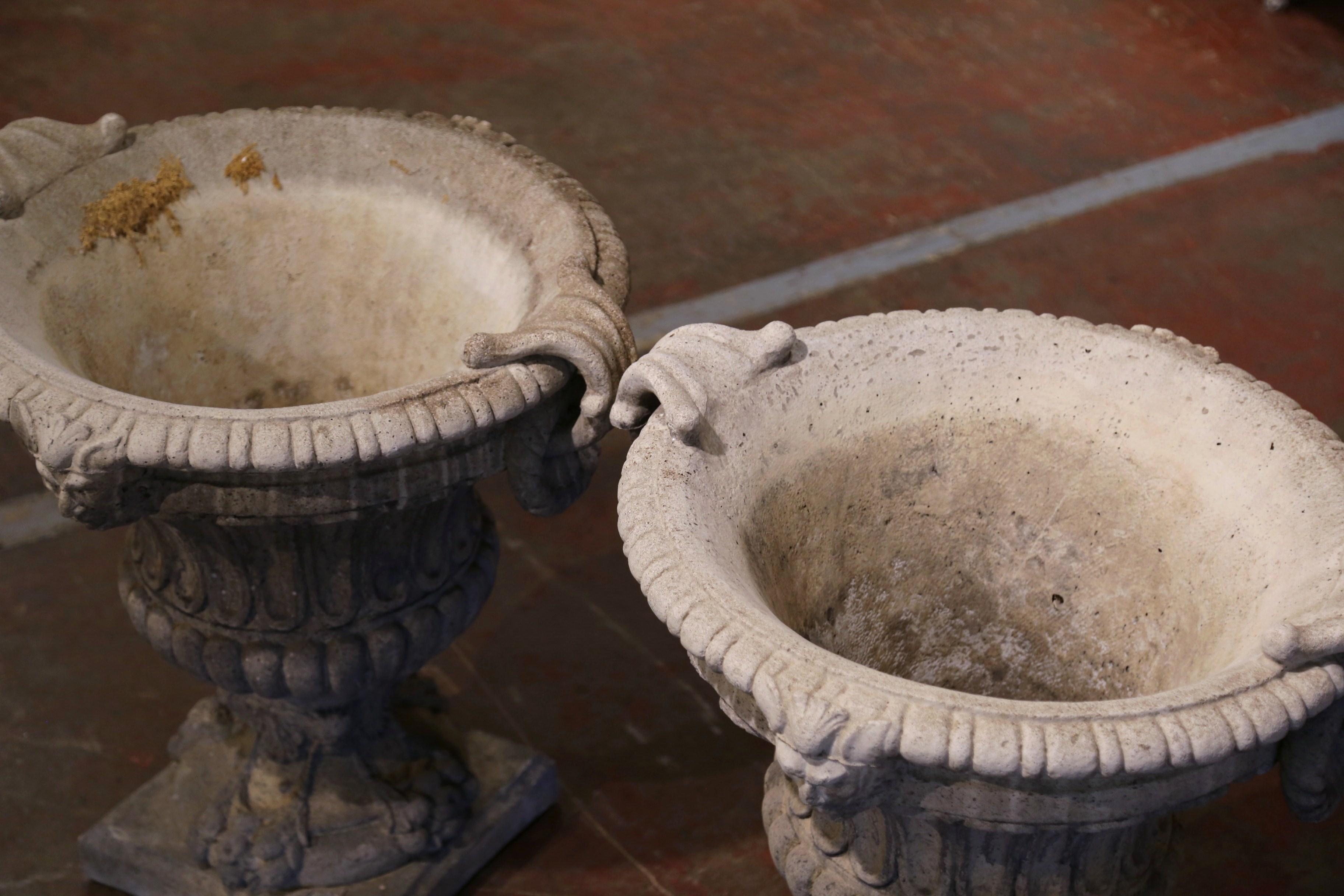 Neoclassical Pair of Early 20th Century French Carved Stone Campana-Form Garden Urns