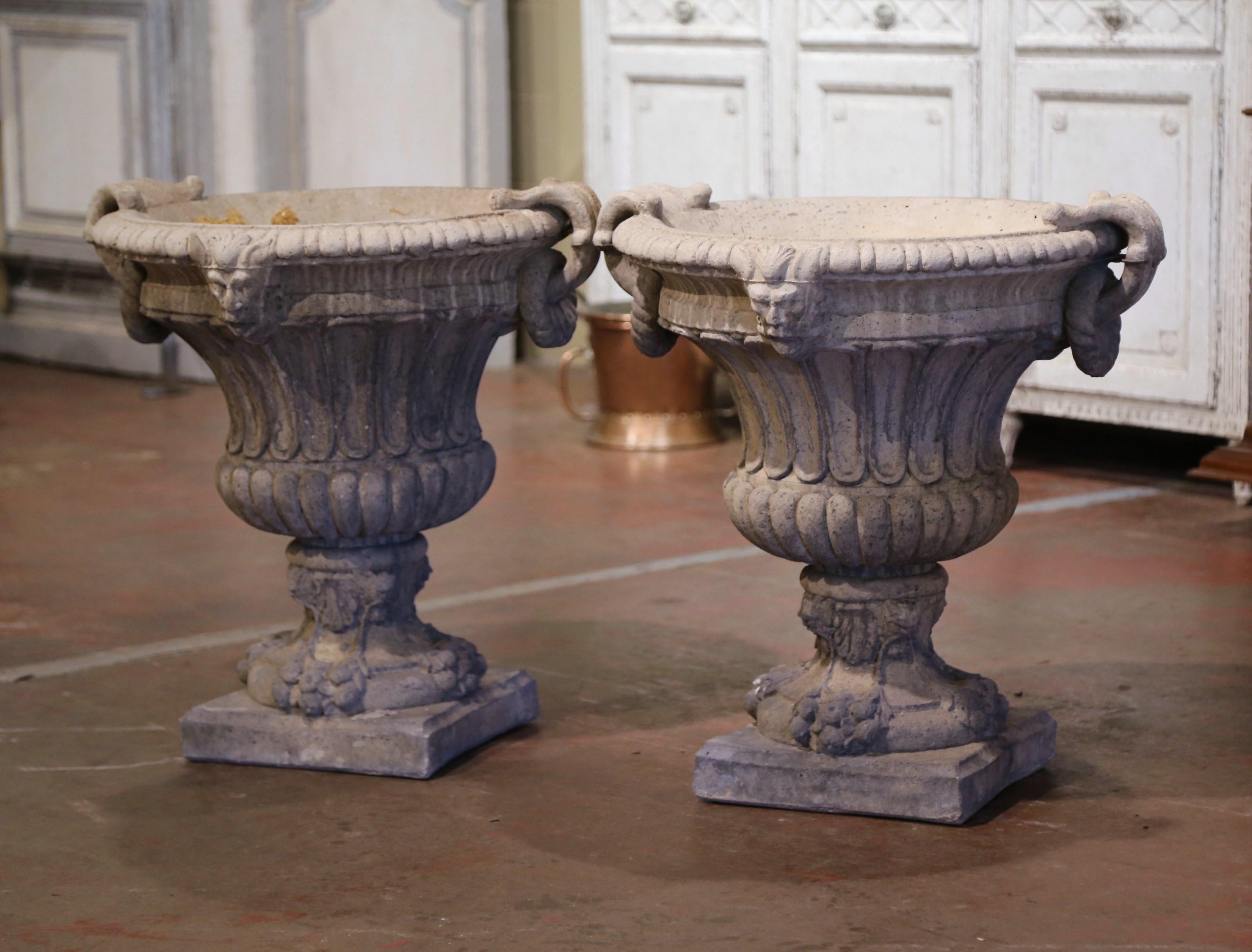 Pair of Early 20th Century French Carved Stone Campana-Form Garden Urns In Excellent Condition In Dallas, TX