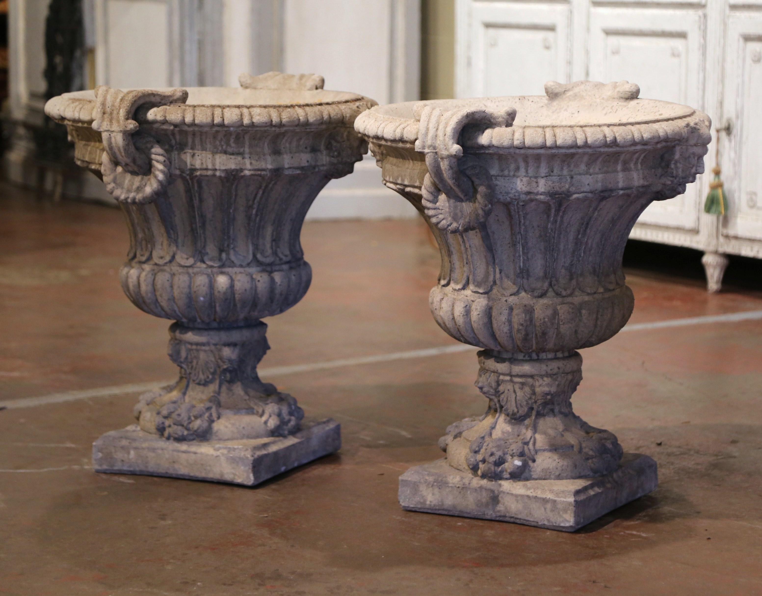 Pair of Early 20th Century French Carved Stone Campana-Form Garden Urns 1