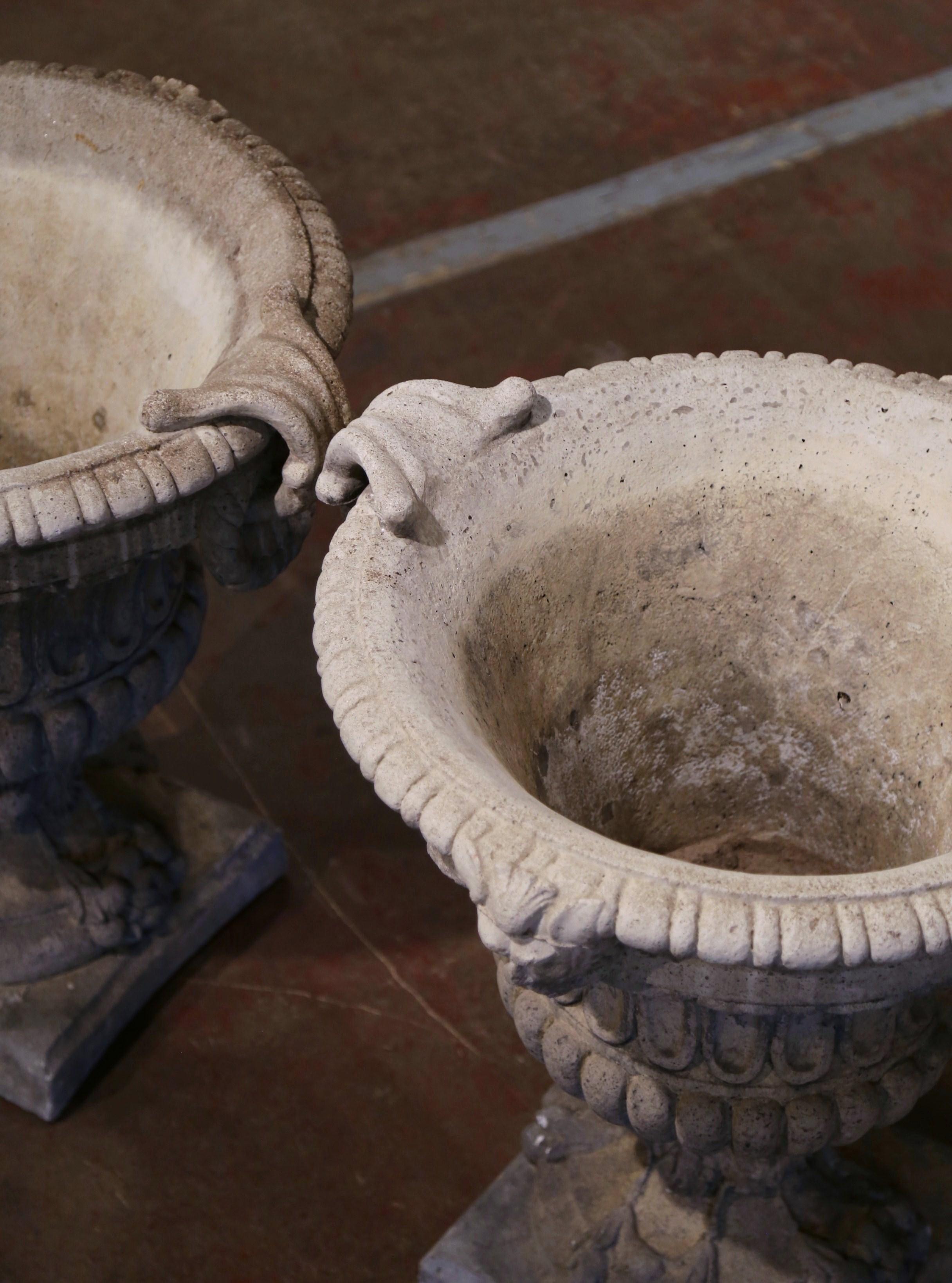 Pair of Early 20th Century French Carved Stone Campana-Form Garden Urns 2
