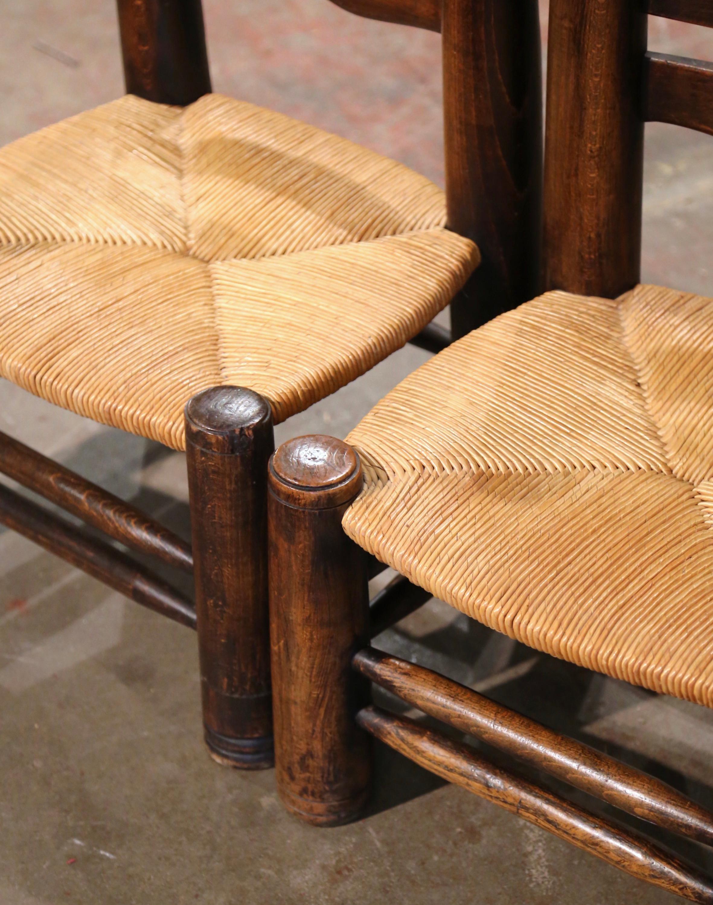 Pair of Early 20th Century French Carved Walnut and Rush Seat Low Chairs For Sale 1