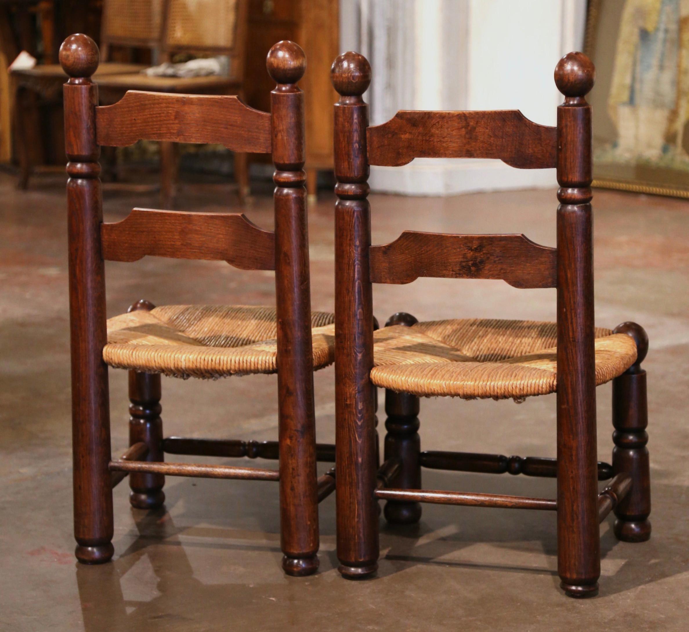 Pair of Early 20th Century French Carved Walnut and Rush Seat Low Chairs 2