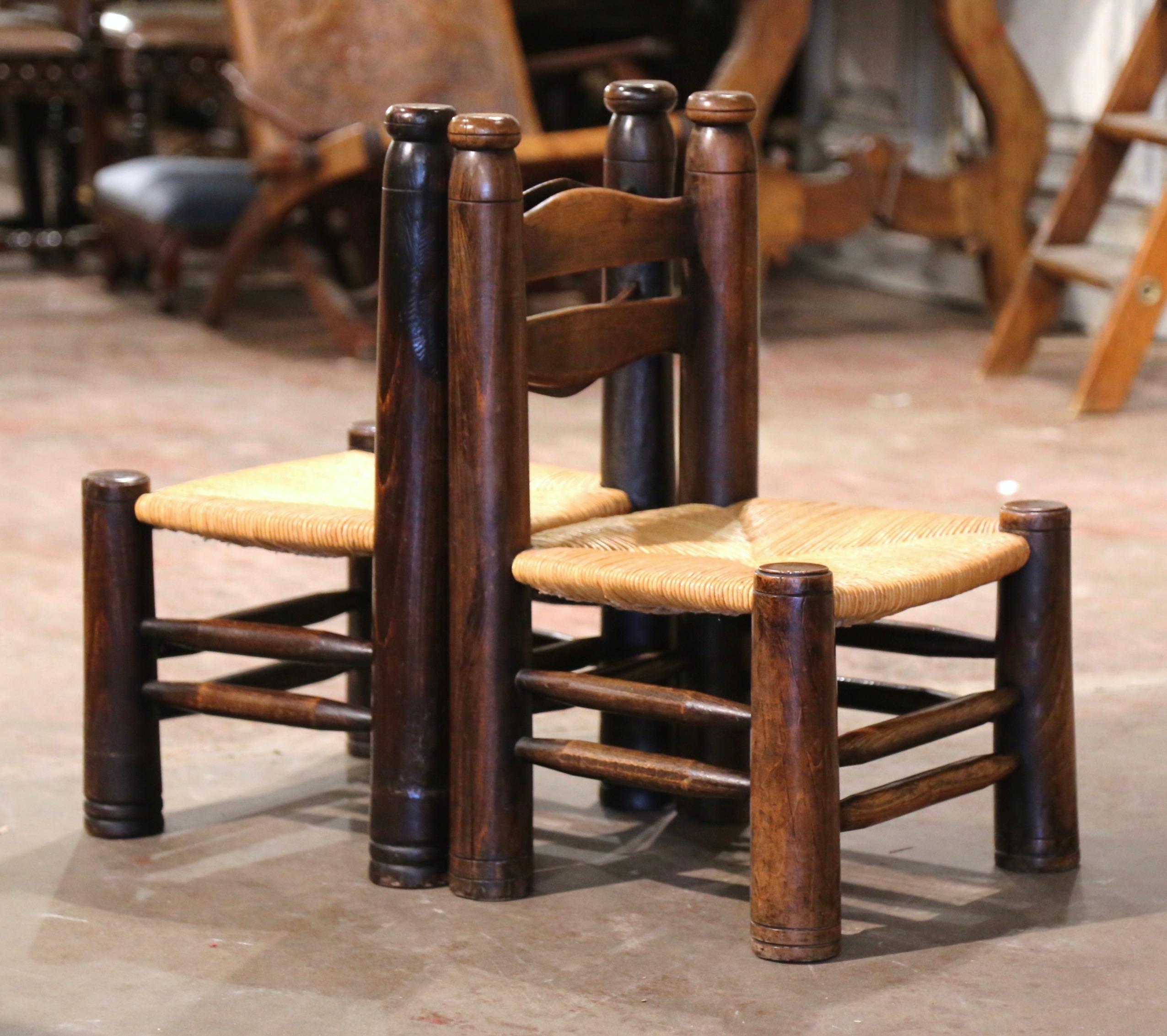 Pair of Early 20th Century French Carved Walnut and Rush Seat Low Chairs For Sale 3
