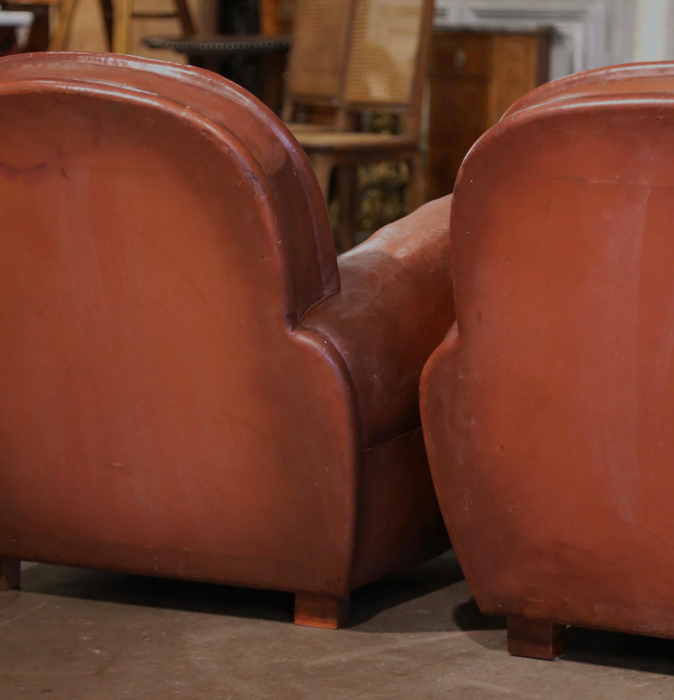 Pair of Early 20th Century French Club Armchairs with Brown Leather 5