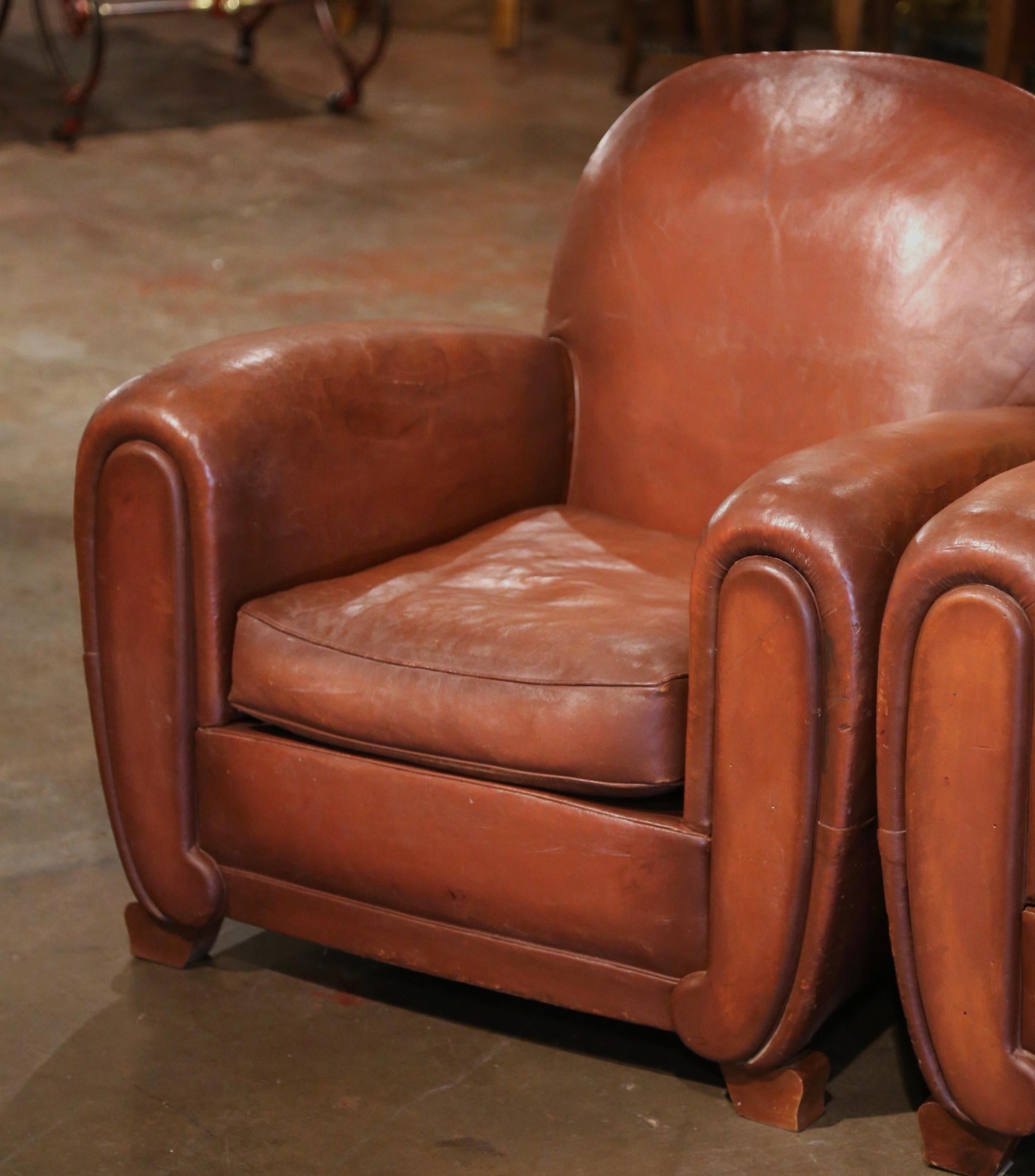 Art Deco Pair of Early 20th Century French Club Armchairs with Brown Leather
