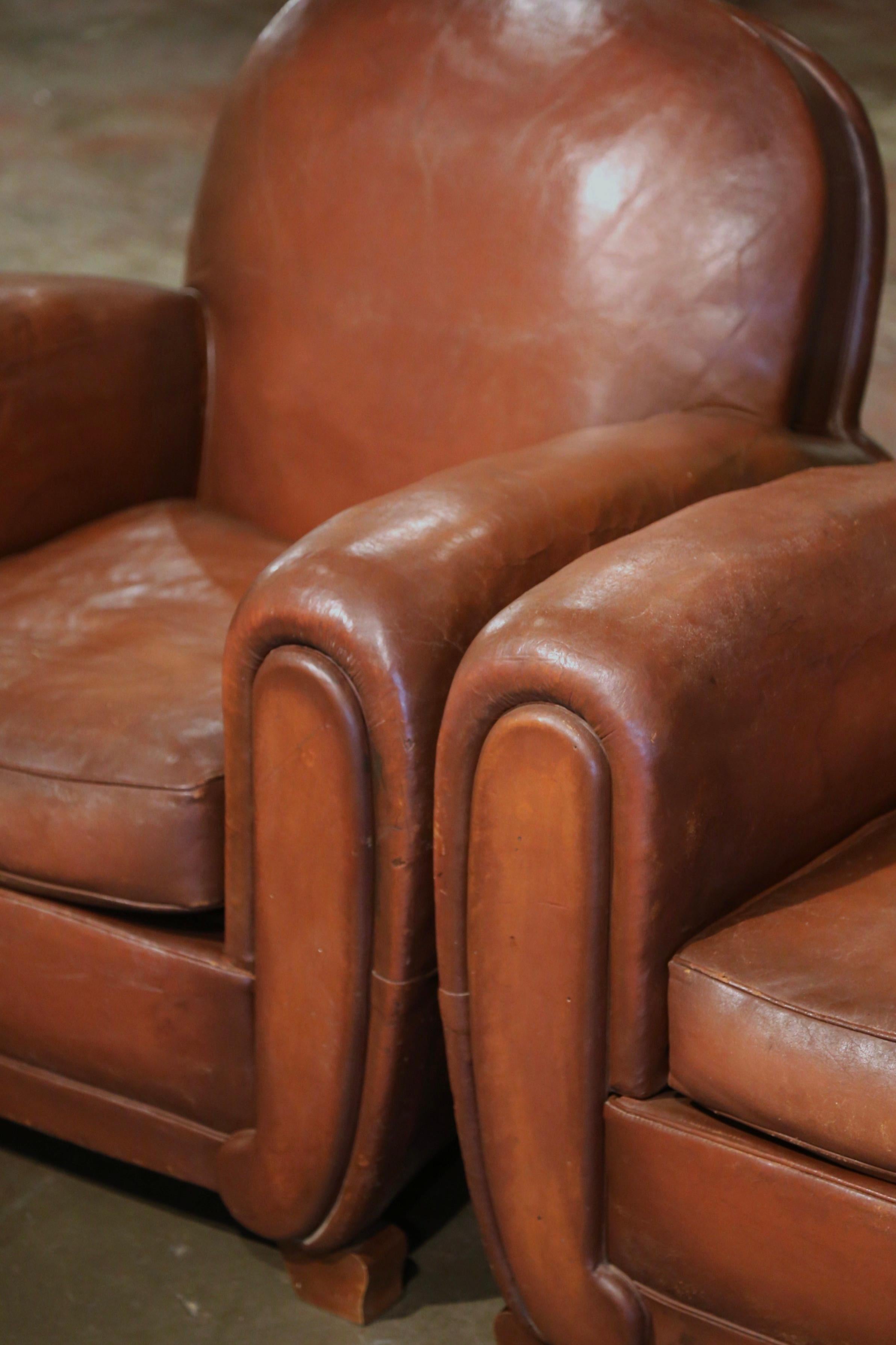 Hand-Crafted Pair of Early 20th Century French Club Armchairs with Brown Leather